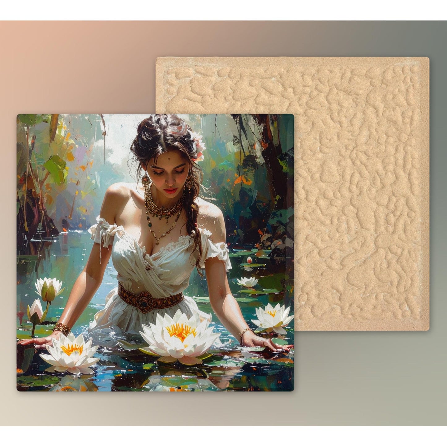 Beautiful Woman with Lotus Flowers Ceramic Tile Art, Bohemian Decor for Home, Unique Gift for Art Lovers - 3 Styles