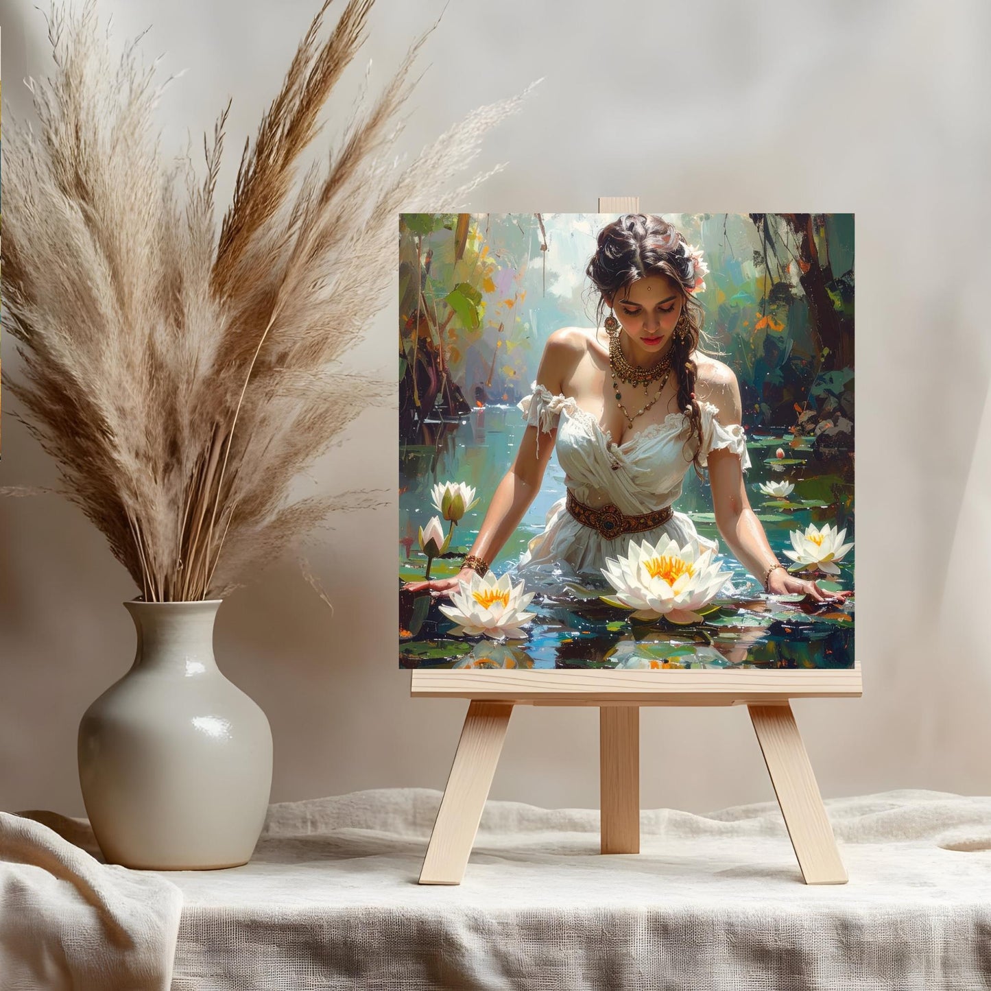 Beautiful Woman with Lotus Flowers Ceramic Tile Art, Bohemian Decor for Home, Unique Gift for Art Lovers - 3 Styles