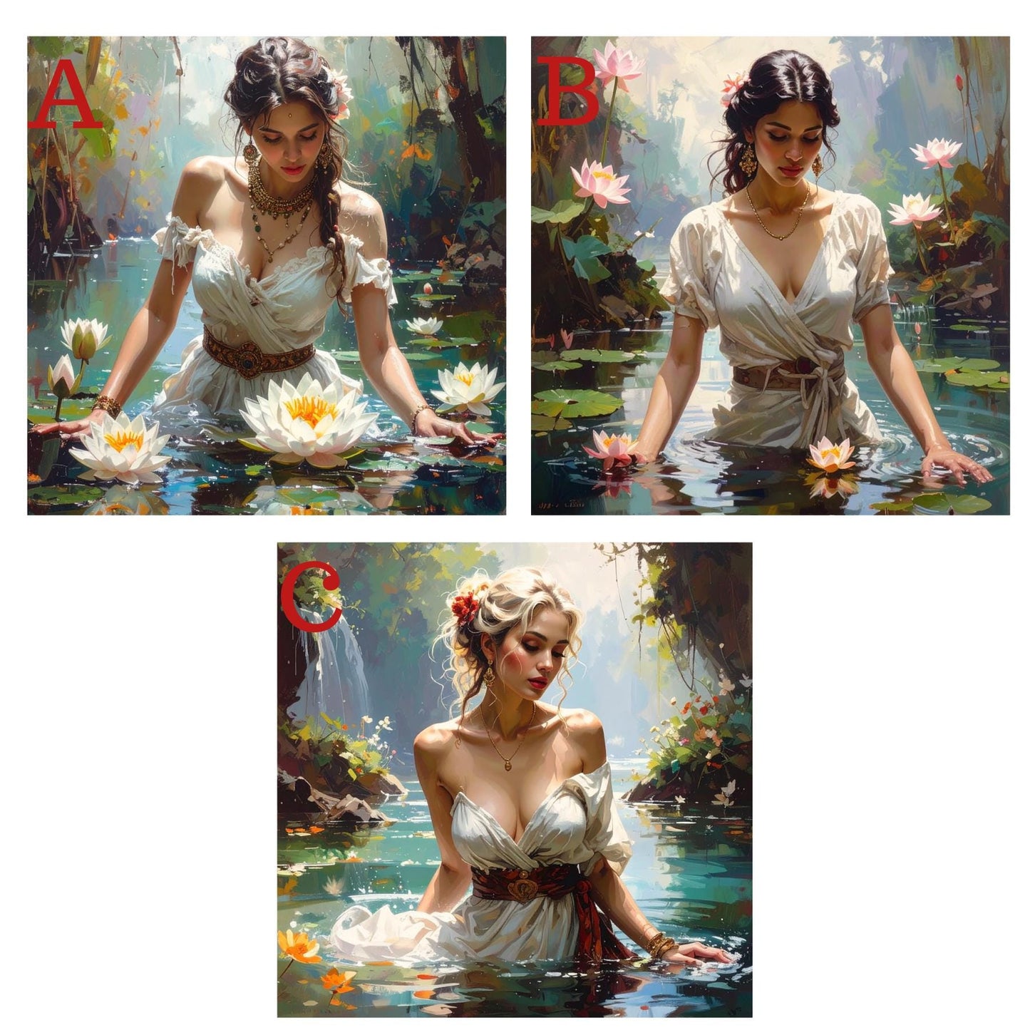 Beautiful Woman with Lotus Flowers Ceramic Tile Art, Bohemian Decor for Home, Unique Gift for Art Lovers - 3 Styles