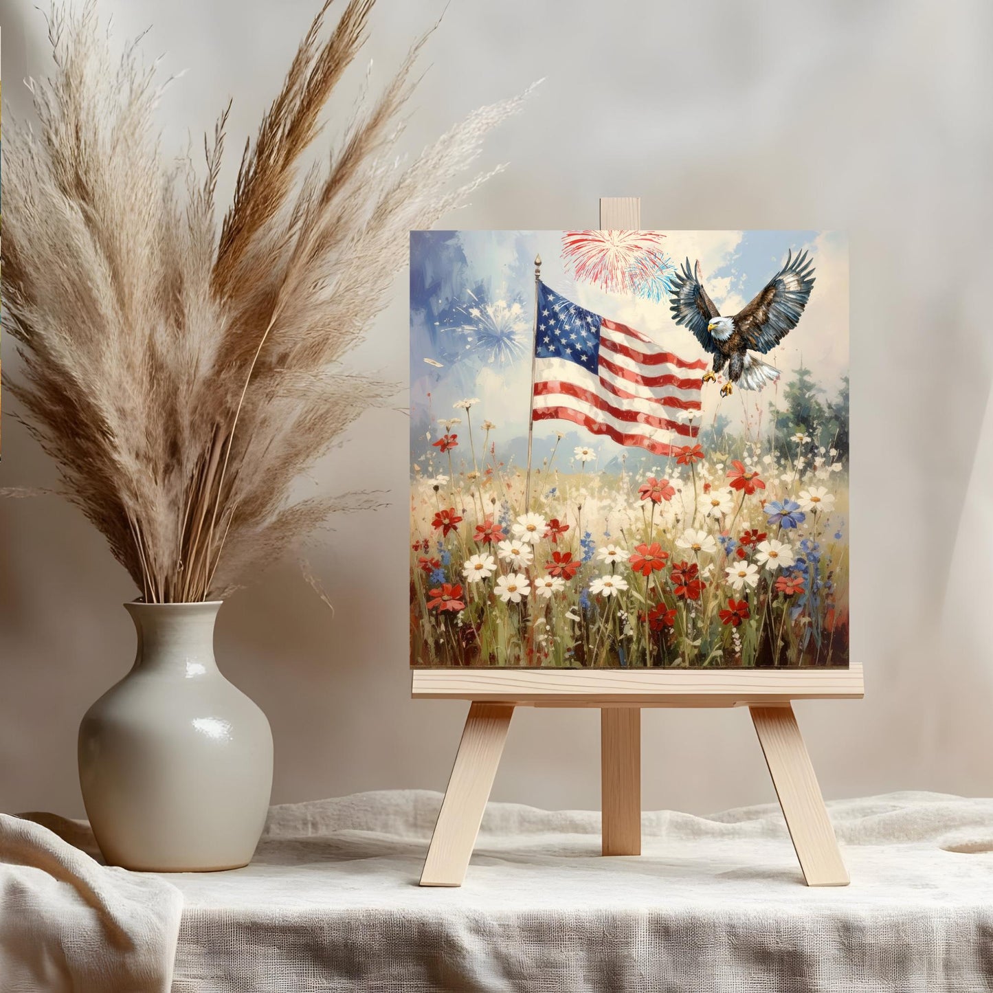 Patriotic American Flag Ceramic Tile Art, Wild Flower Eagle Design for 4th of July Home Decor and Great Gifts