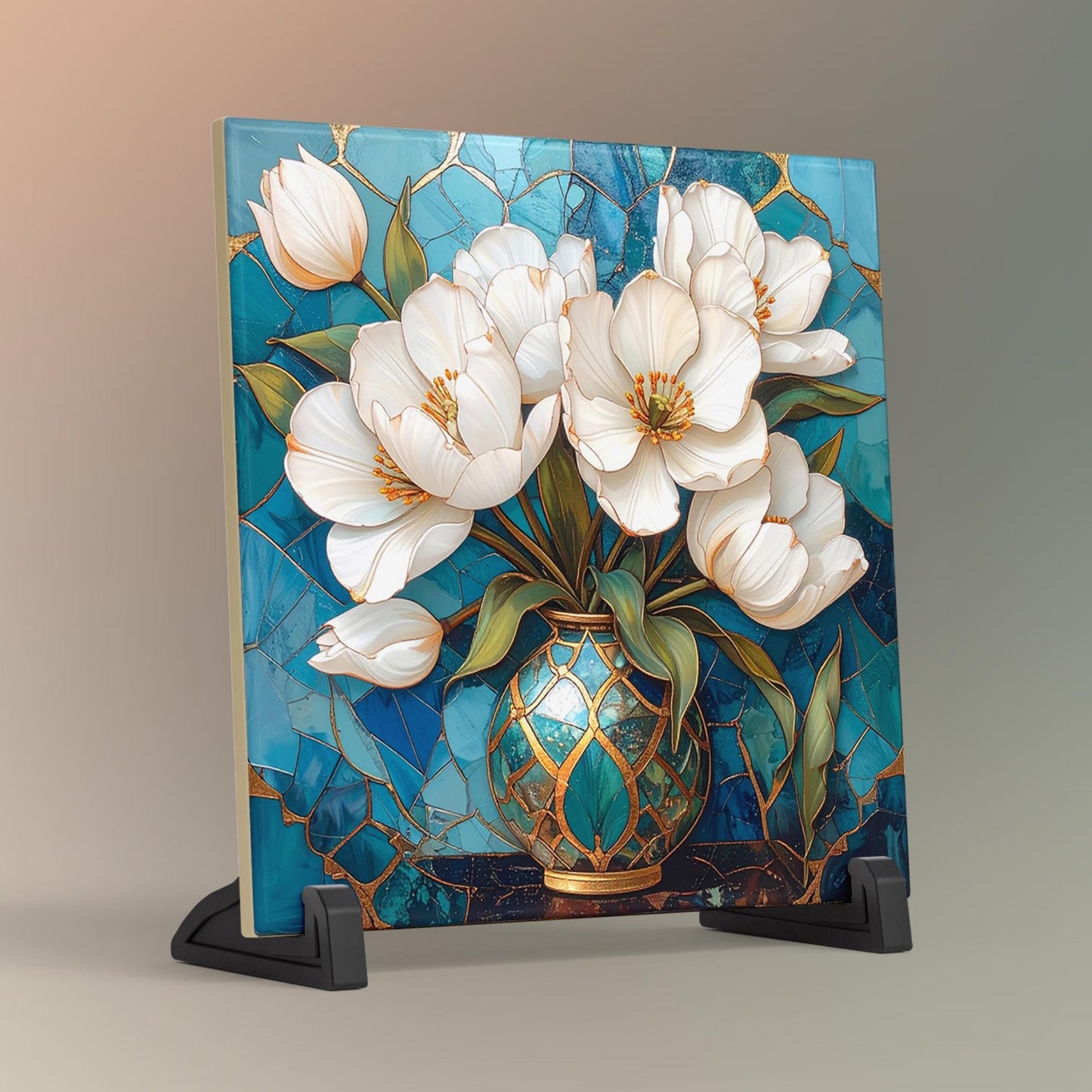 Magnolia Flowers Ceramic Tile Art - Art Deco Styled Stained Glass Look Elegant Flower Wall Decor - White Floral Home Decor