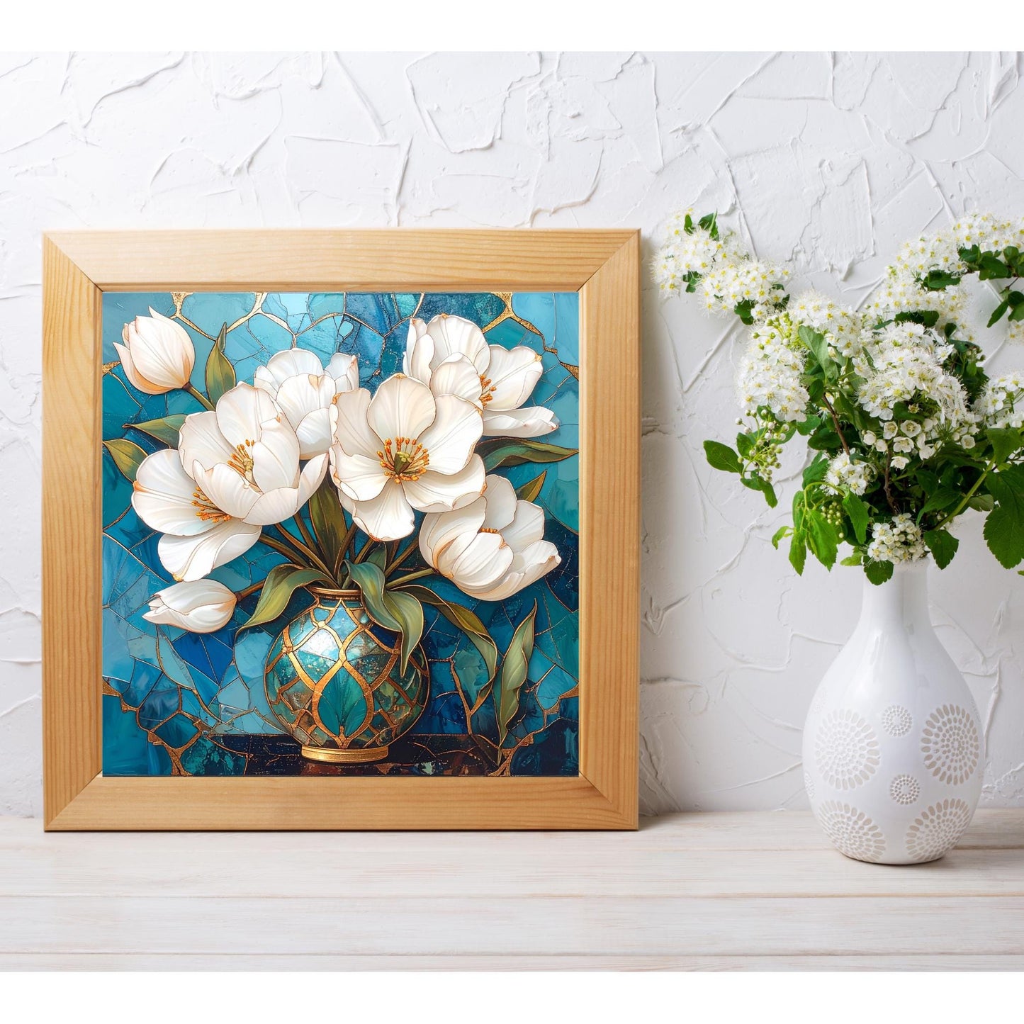 Magnolia Flowers Ceramic Tile Art - Art Deco Styled Stained Glass Look Elegant Flower Wall Decor - White Floral Home Decor