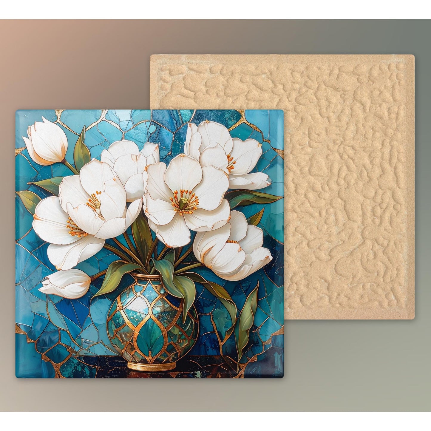 Magnolia Flowers Ceramic Tile Art - Art Deco Styled Stained Glass Look Elegant Flower Wall Decor - White Floral Home Decor