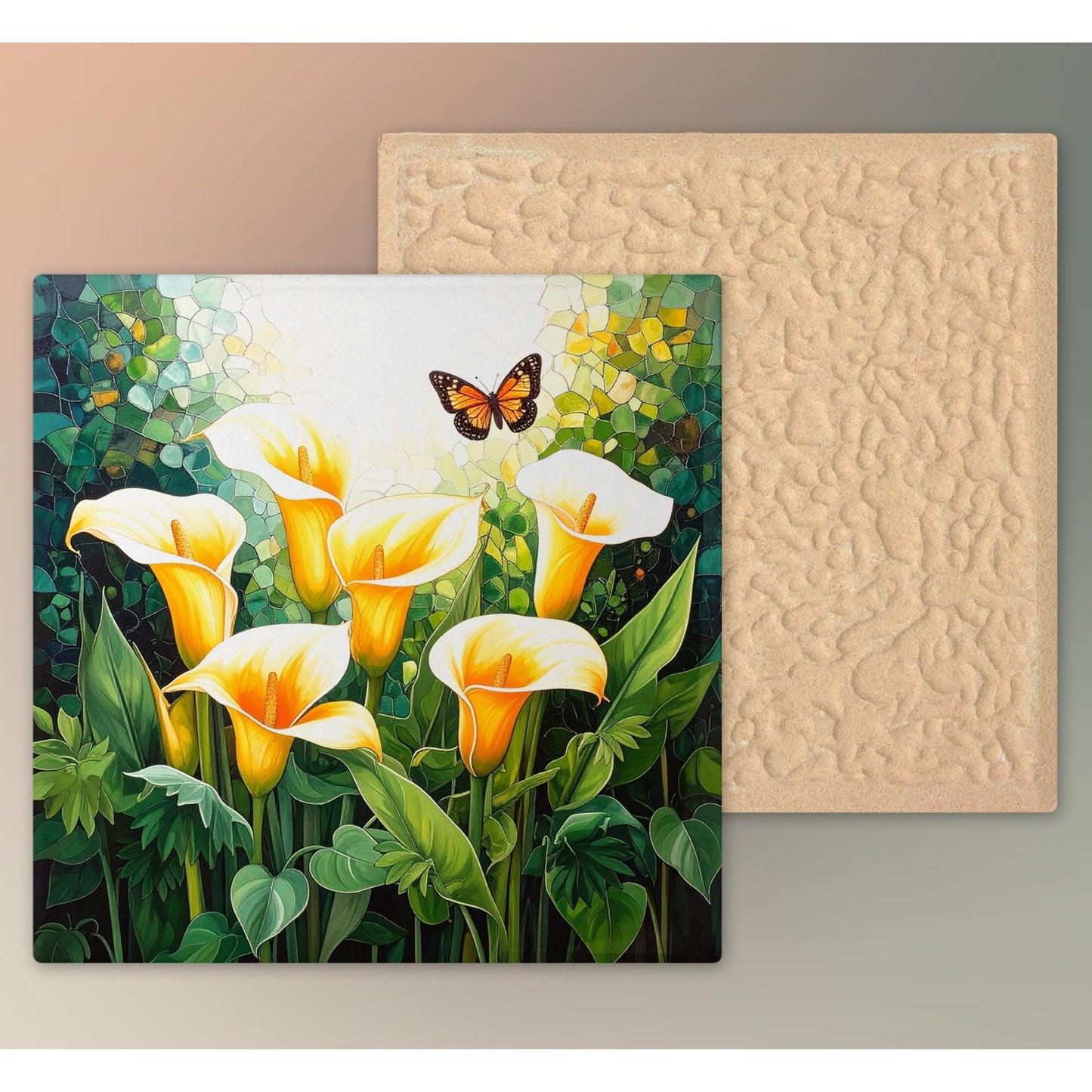 Cala Lillies and Butterflies Ceramic Tile, Custom Wall Art for Spring Summer Decor, Whimsical Floral Art, Ideal Gift for Nature Lovers