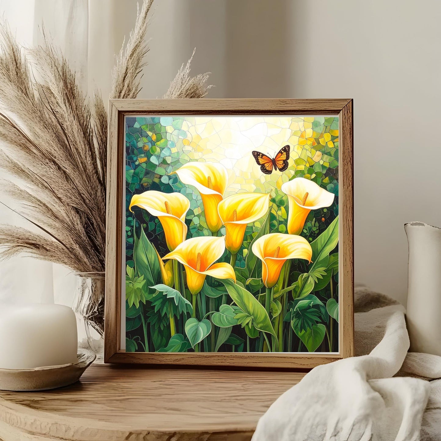 Cala Lillies and Butterflies Ceramic Tile, Custom Wall Art for Spring Summer Decor, Whimsical Floral Art, Ideal Gift for Nature Lovers