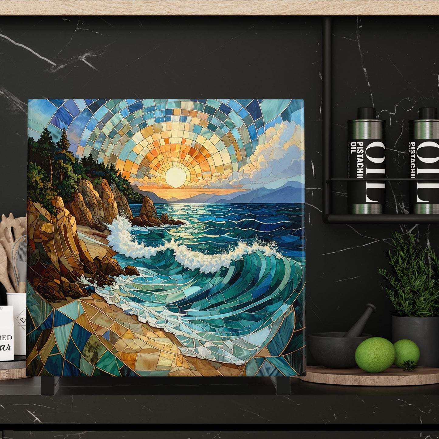 Coastal Waves Ceramic Wall Art Tile, Stained Glass Look Art, Beautiful Ocean View Tile for Artful Display and Home Decor for Small Spaces