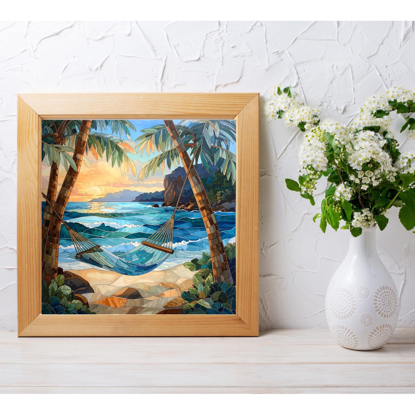 Coastal Waves Ceramic Wall Art Tile, Summer Breeze Stained Glass Look Art, Relaxing Ocean View Tile, Home Decor for Small Spaces