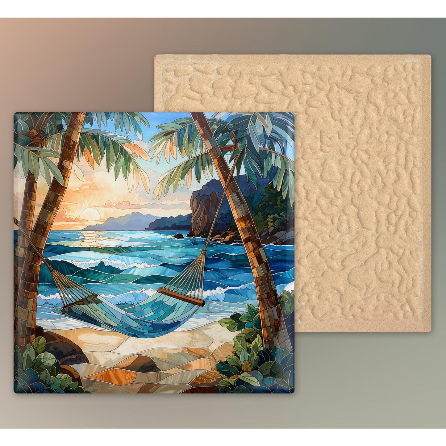 Coastal Waves Ceramic Wall Art Tile, Summer Breeze Stained Glass Look Art, Relaxing Ocean View Tile, Home Decor for Small Spaces