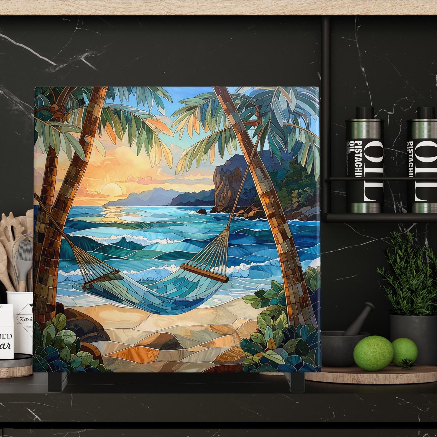 Coastal Waves Ceramic Wall Art Tile, Summer Breeze Stained Glass Look Art, Relaxing Ocean View Tile, Home Decor for Small Spaces