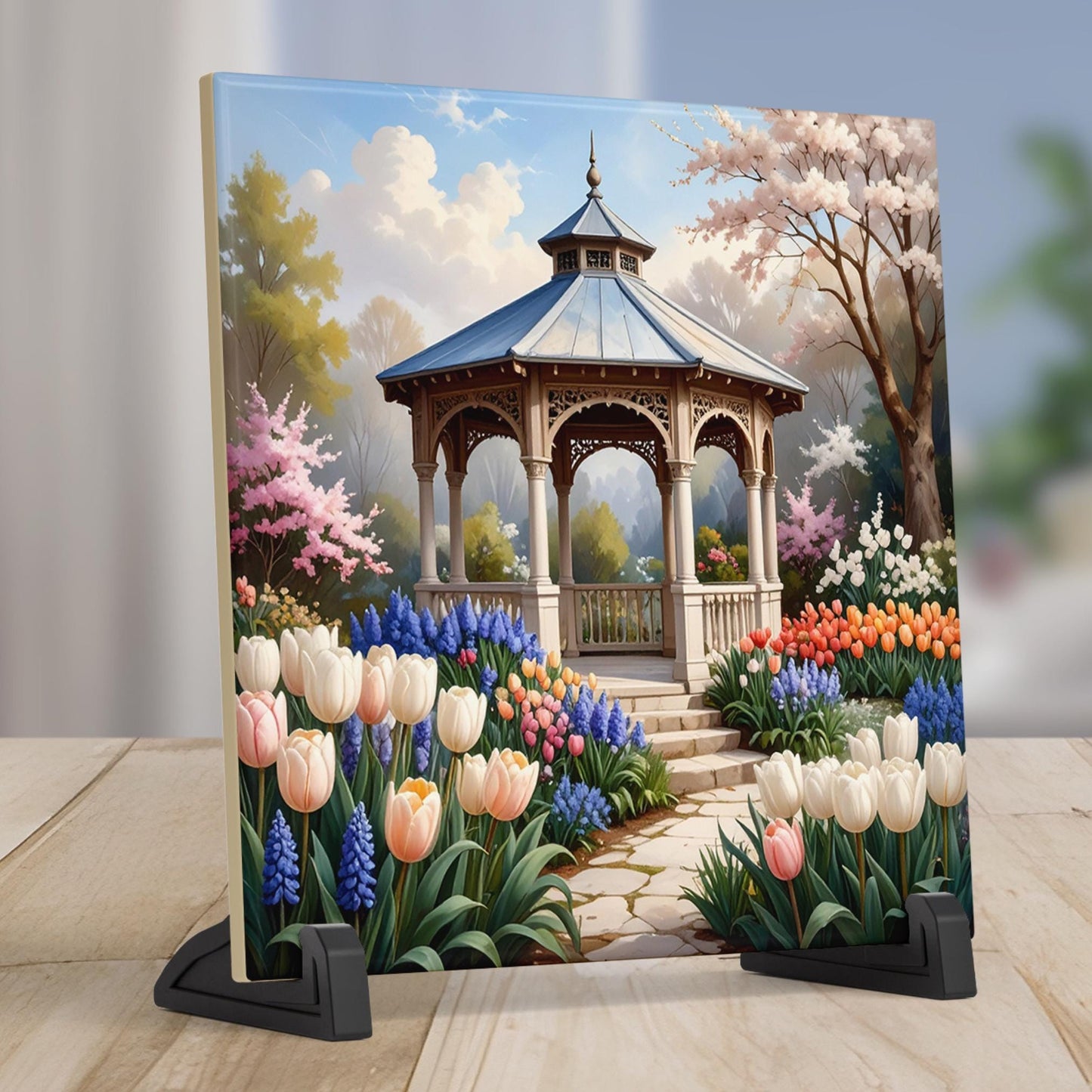 Garden Gazebo Ceramic Art Tile - Serene Floral Decor with Tulips and Hyacinths - Perfect for Nature Lovers Gift