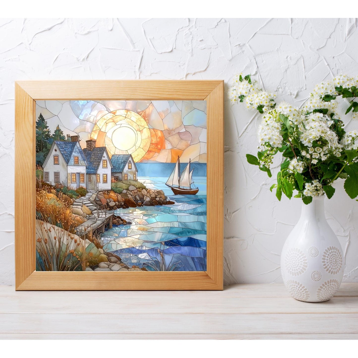 Coastal Living Ceramic Wall Art Tile, Stained Glass Look Art, Beautiful Ocean View Tile for Artful Display and Home Decor for Small Spaces