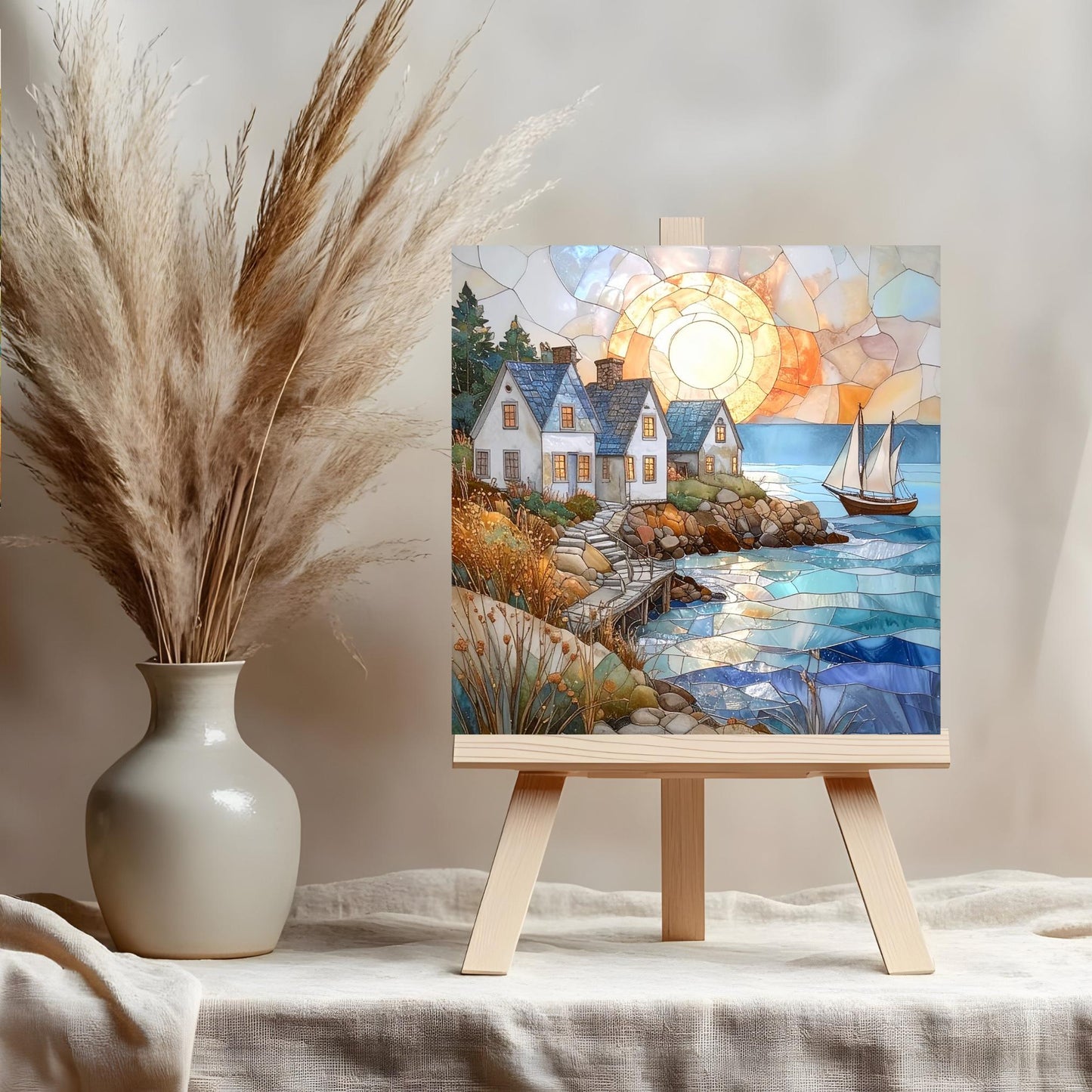 Coastal Living Ceramic Wall Art Tile, Stained Glass Look Art, Beautiful Ocean View Tile for Artful Display and Home Decor for Small Spaces