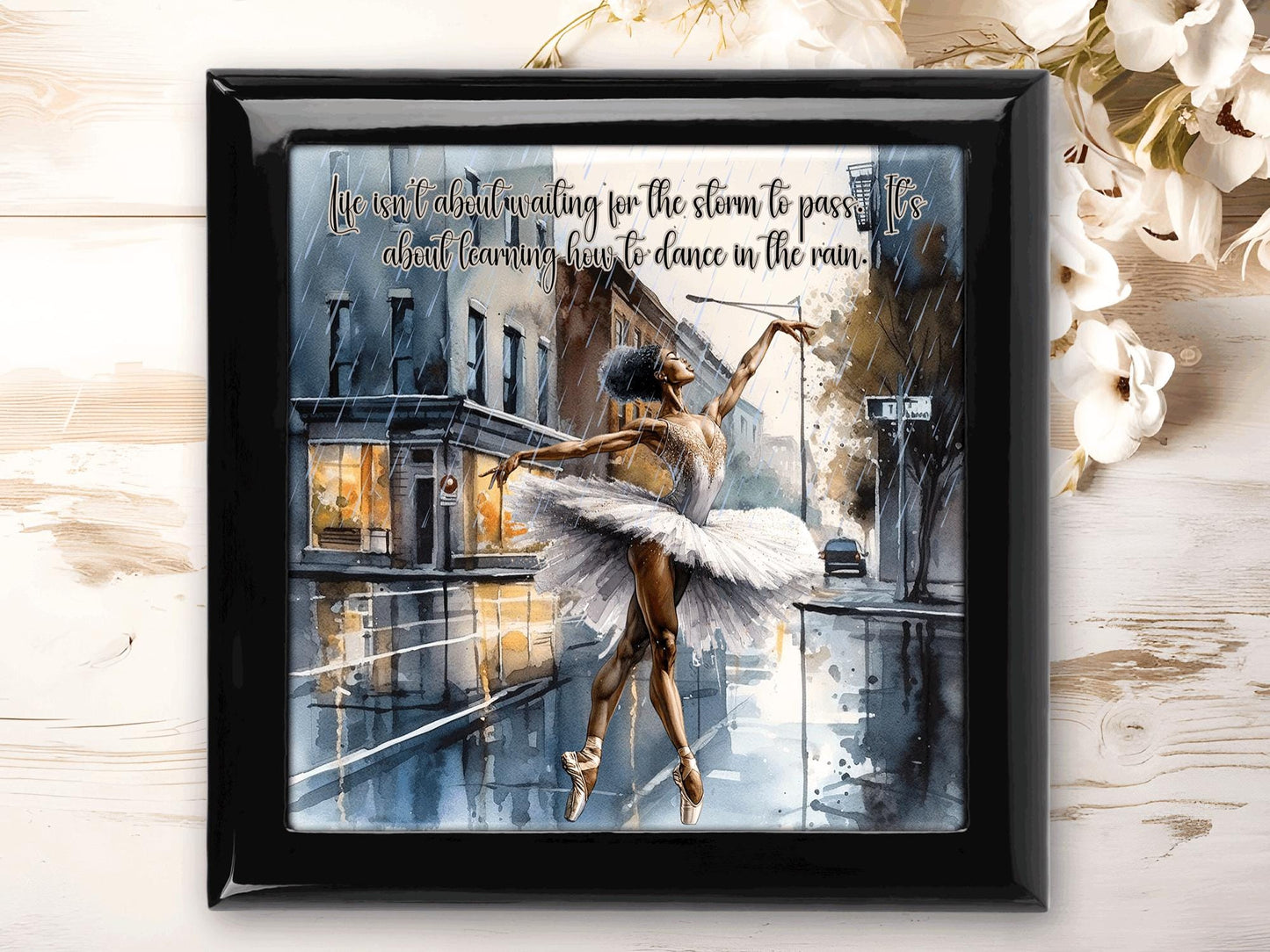 Personalized Keepsake Box - Ebony Wood Memory Box - Gift for Her - Womens Jewelry Box - Jewelry Organizer - Tile Top Box - Dance in the Rain