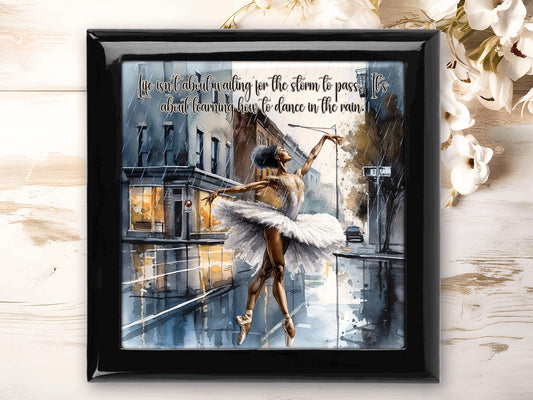 Personalized Keepsake Box - Ebony Wood Memory Box - Gift for Her - Womens Jewelry Box - Jewelry Organizer - Tile Top Box - Dance in the Rain