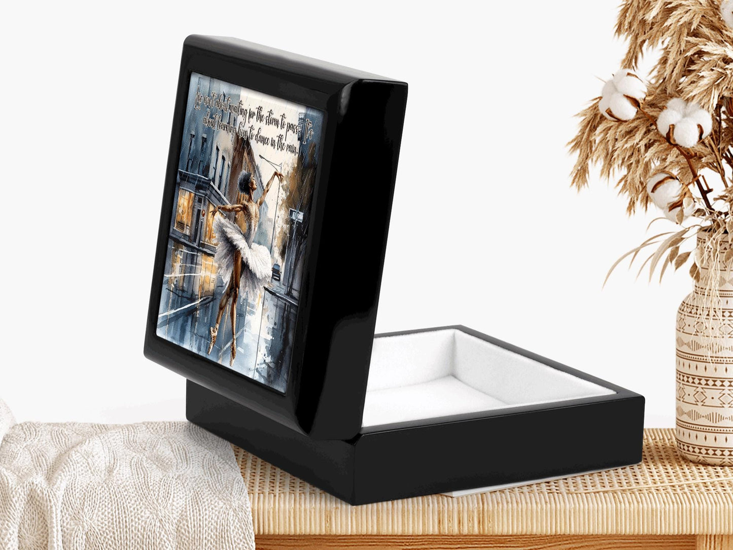 Personalized Keepsake Box - Ebony Wood Memory Box - Gift for Her - Womens Jewelry Box - Jewelry Organizer - Tile Top Box - Dance in the Rain