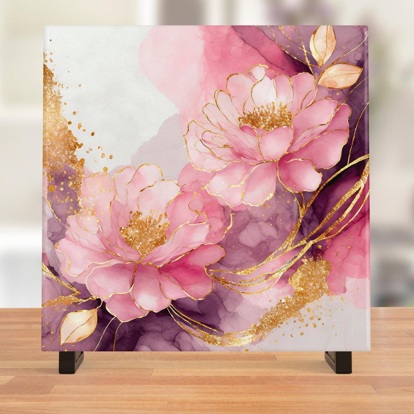 Pink Flowers Ceramic Tile, Handcrafted Pastel Floral Art, Great for Home Décor or Unique Gift for Garden Lovers - Abstract Floral Art Tile