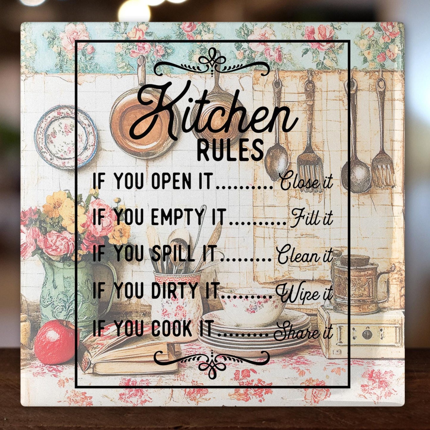 Kitchen Rules Ceramic Art Tile, Ceramic Wall Decor for a Meaningful Family Gift