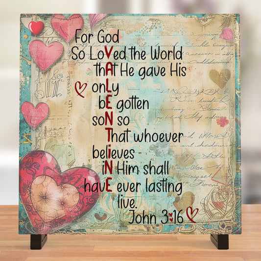 Valentine Scripture Tile Art, For God So Loved the World, Unique Christian Gift for Loved Ones, Valentine Art
