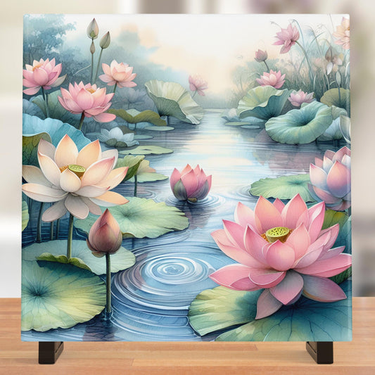 Water Lilies II Ceramic Tile Art Decor - Vibrant Nature-Inspired Decor for Kitchen and Bath, Ideal Gift for Housewarmings - Wall Decor