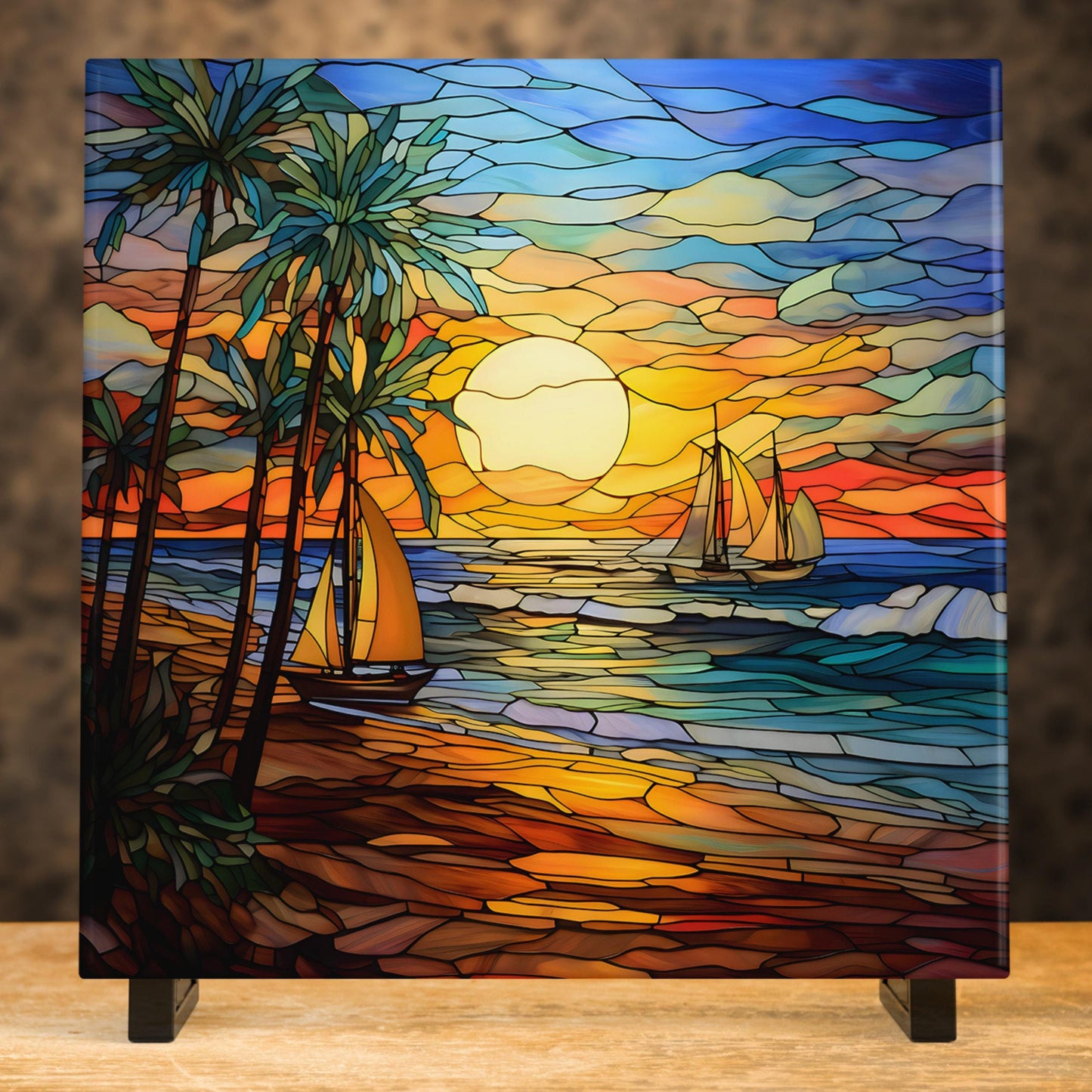 Ocean Waves Stained Glass Look Art, Beautiful Ceramic Tile for Artful Display and Perfect Gift Idea