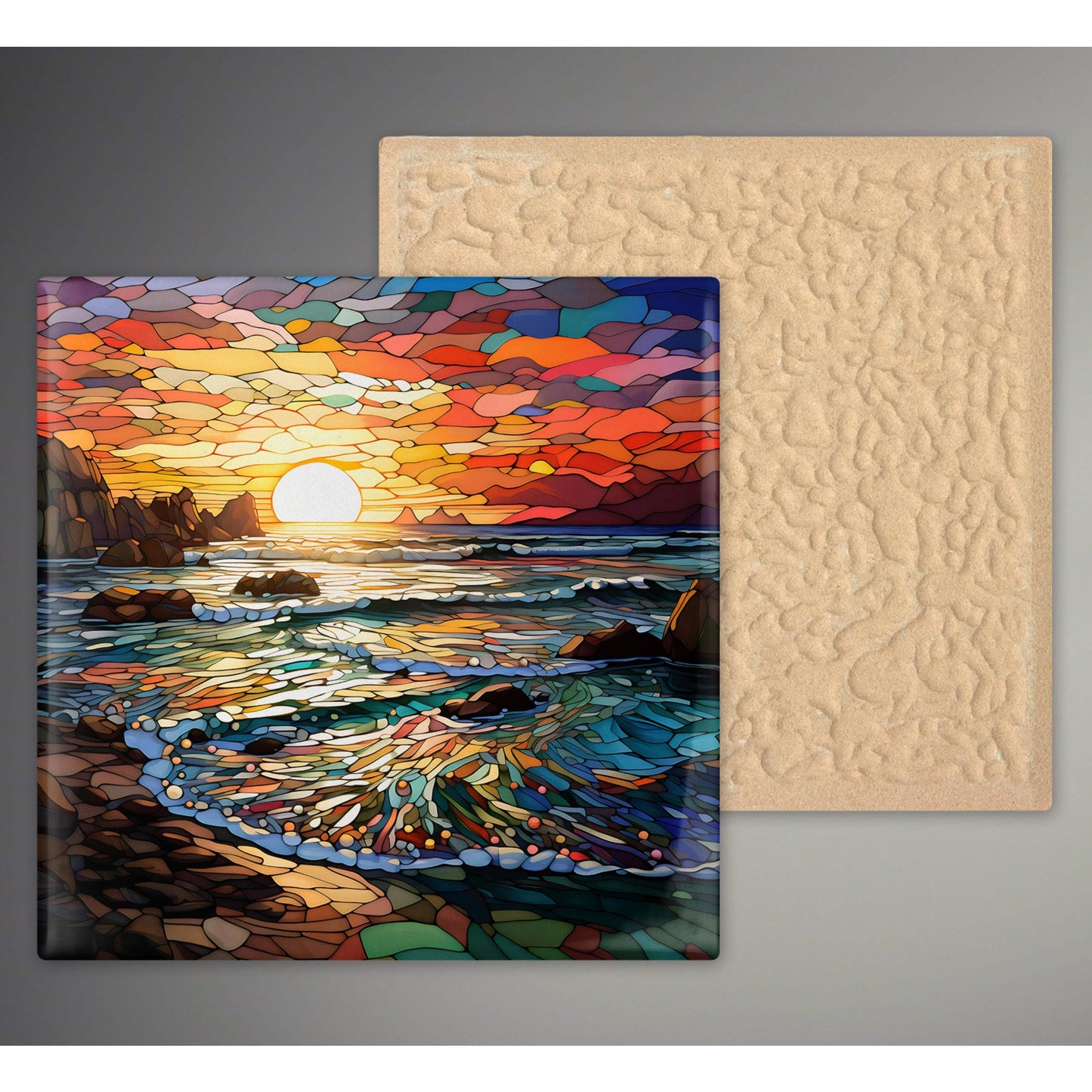Ocean Waves Sunset II Stained Glass Look Art, Beautiful Ceramic Tile for Artful Display and Perfect Gift Idea