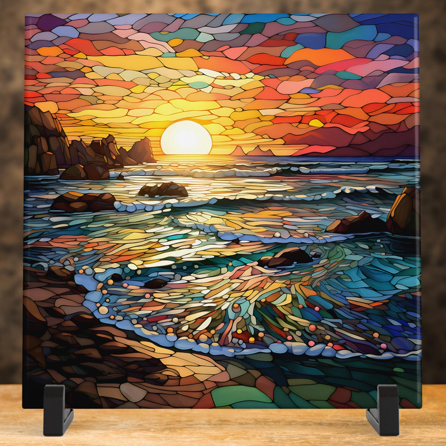 Ocean Waves Sunset II Stained Glass Look Art, Beautiful Ceramic Tile for Artful Display and Perfect Gift Idea
