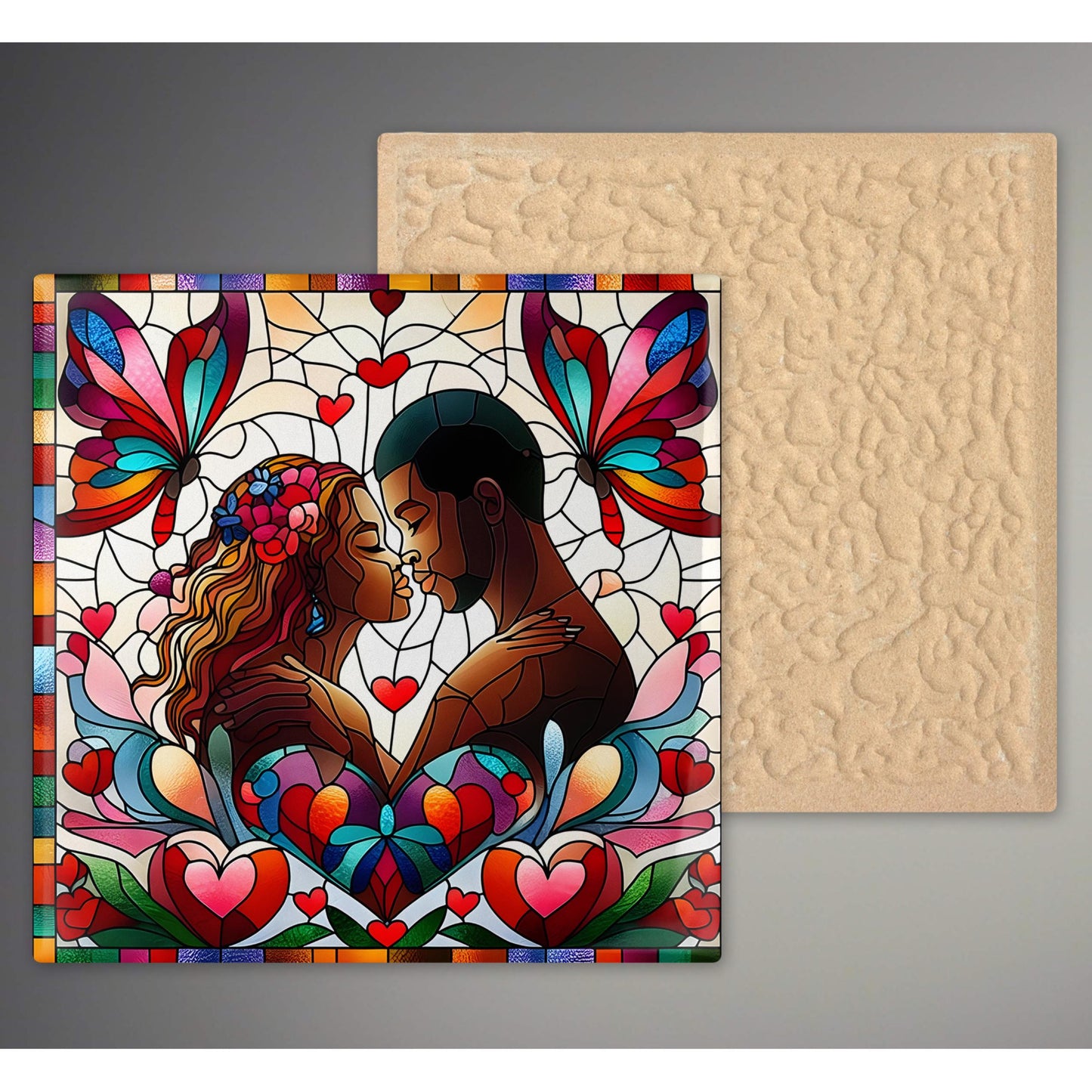 African Art - Celebrate Black Love - Ceramic Art Tile with Stained Glass Design - Unique Valentine's Day Gift - Black Art Gift