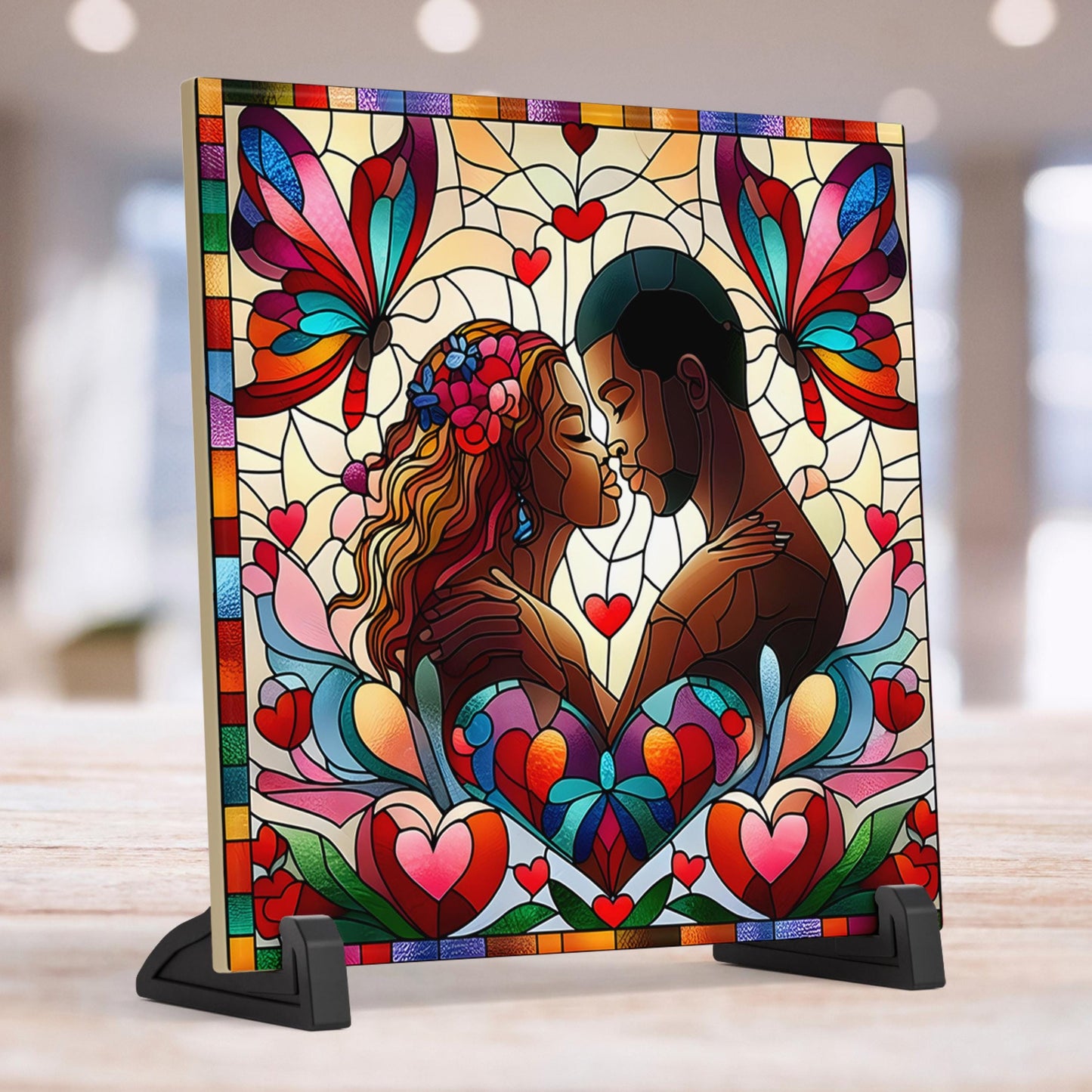 African Art - Celebrate Black Love - Ceramic Art Tile with Stained Glass Design - Unique Valentine's Day Gift - Black Art Gift