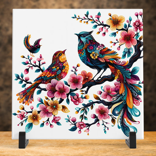 Handmade Colorful Birds Ceramic Art Tile II, Whimsical Wildlife Decor for Bird Lovers, Perfect Birthday Gift and Nature-Inspired Wall Art