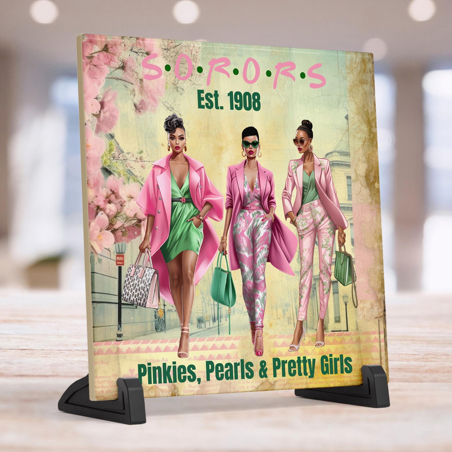 Personalized Ceramic Art Tile - AKA Inspired Personalized Art -  Pink and Green - Divine Nine Greek Print