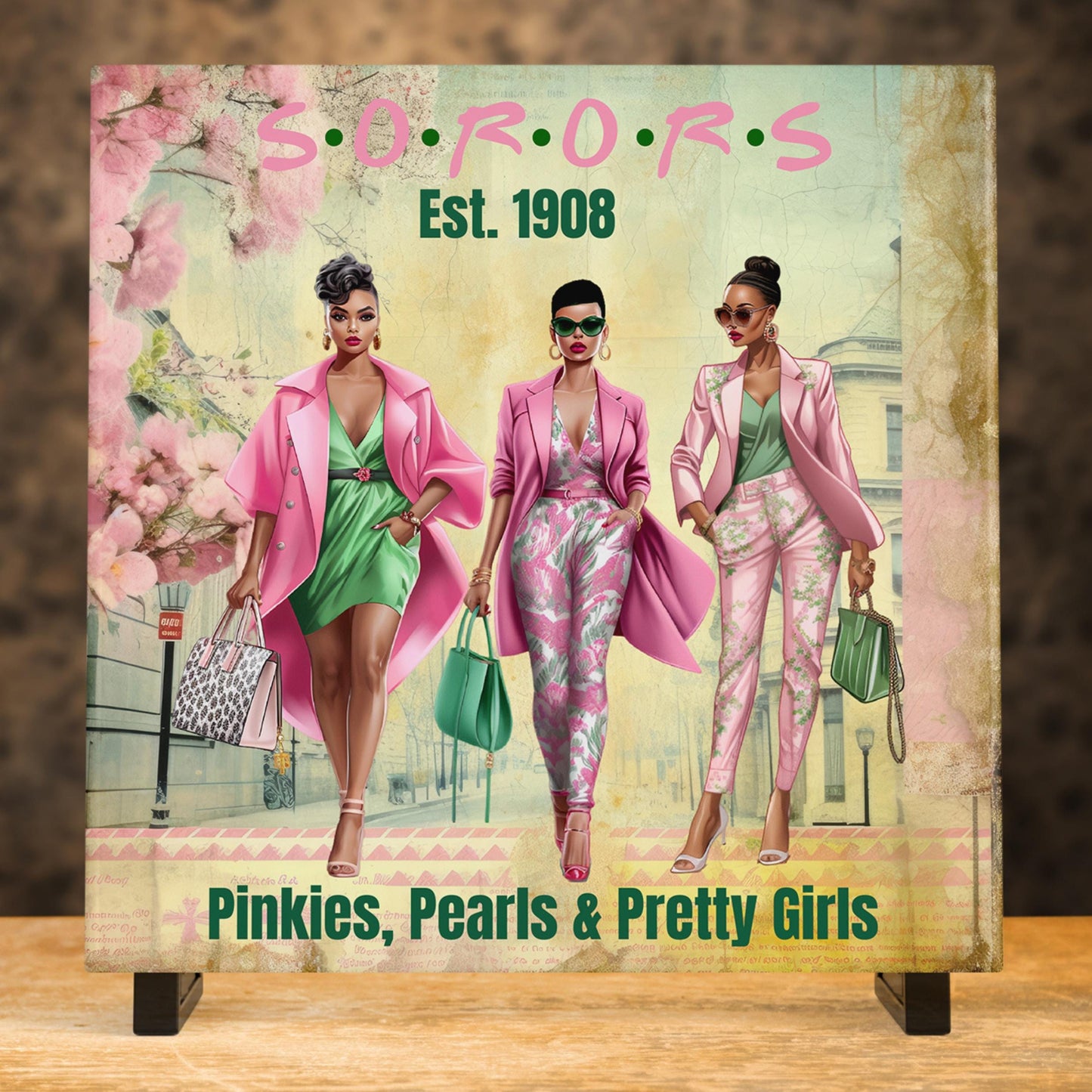 Personalized Ceramic Art Tile - AKA Inspired Personalized Art -  Pink and Green - Divine Nine Greek Print