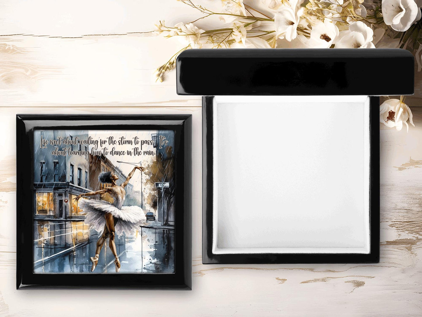 Personalized Keepsake Box - Ebony Wood Memory Box - Gift for Her - Womens Jewelry Box - Jewelry Organizer - Tile Top Box - Dance in the Rain