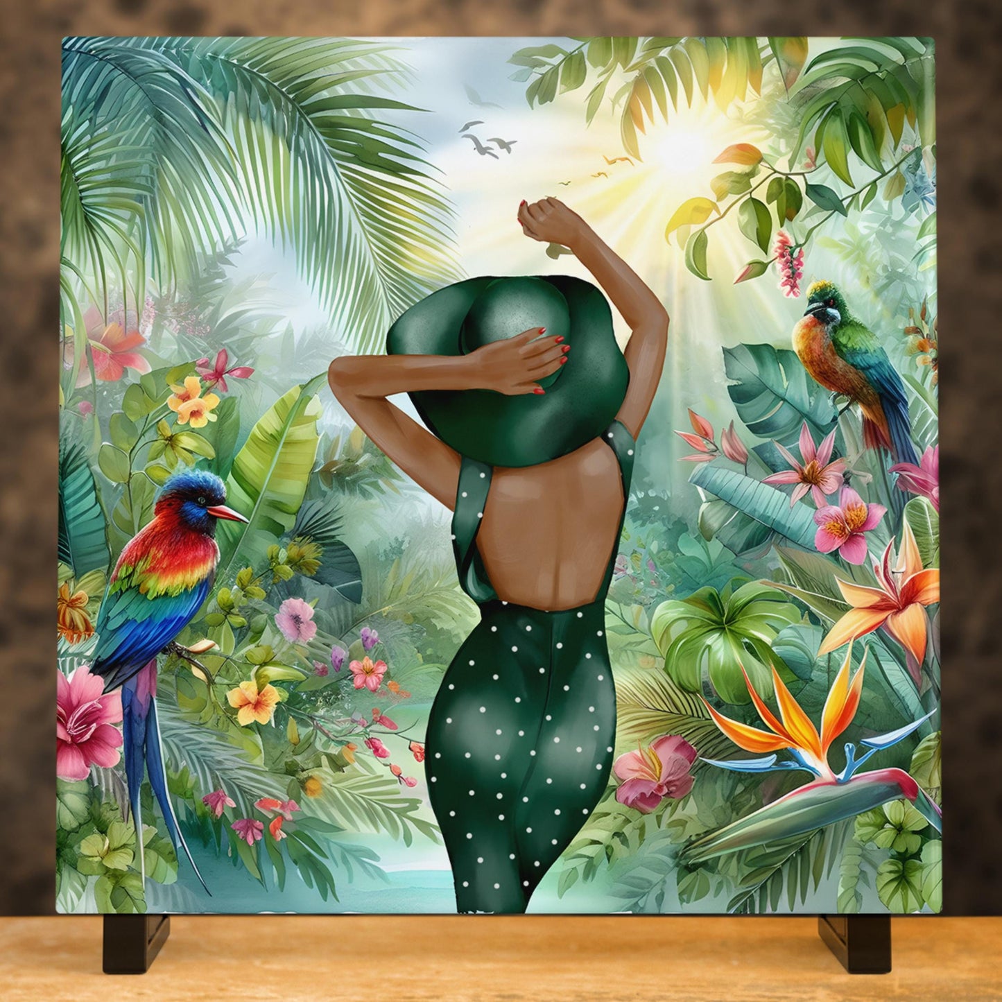 Ceramic Wall Art Tile - Vibrant Tropical Bird Print Square Trivet for Serving - Perfect Housewarming Gift for Garden Enthusiasts