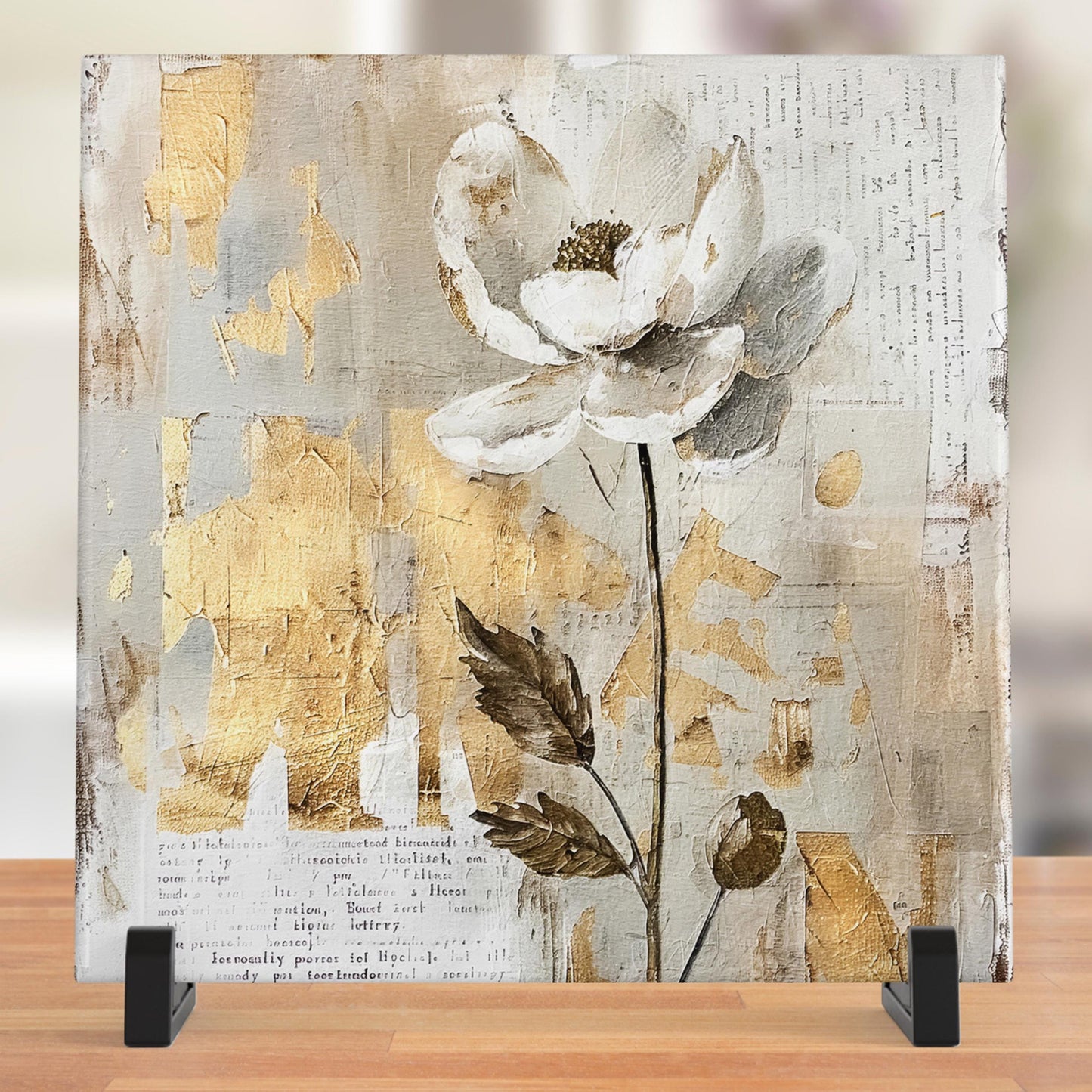 Ceramic Art Tile - Elegant Floral Print in Neutral Tones - Home Decor - Abstract Flower - Mixed Media Print - Thoughtful Gift