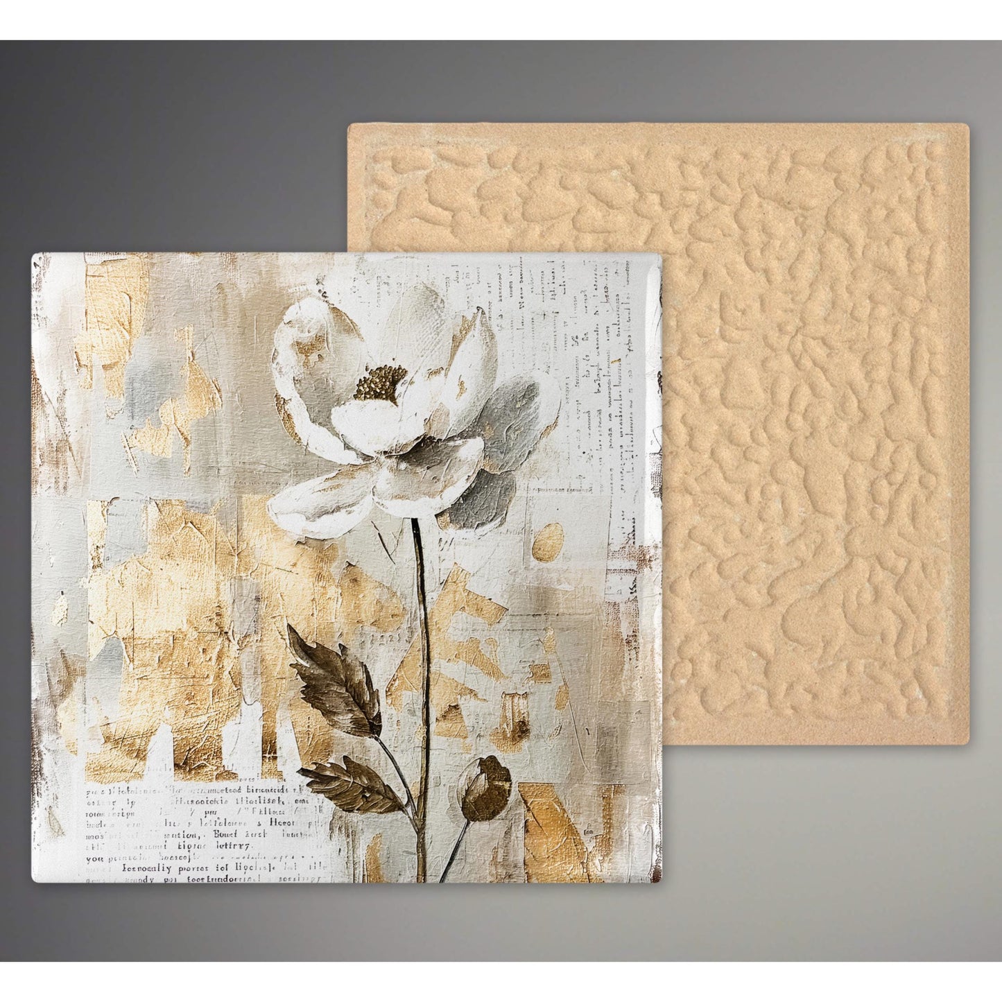 Ceramic Art Tile - Elegant Floral Print in Neutral Tones - Home Decor - Abstract Flower - Mixed Media Print - Thoughtful Gift
