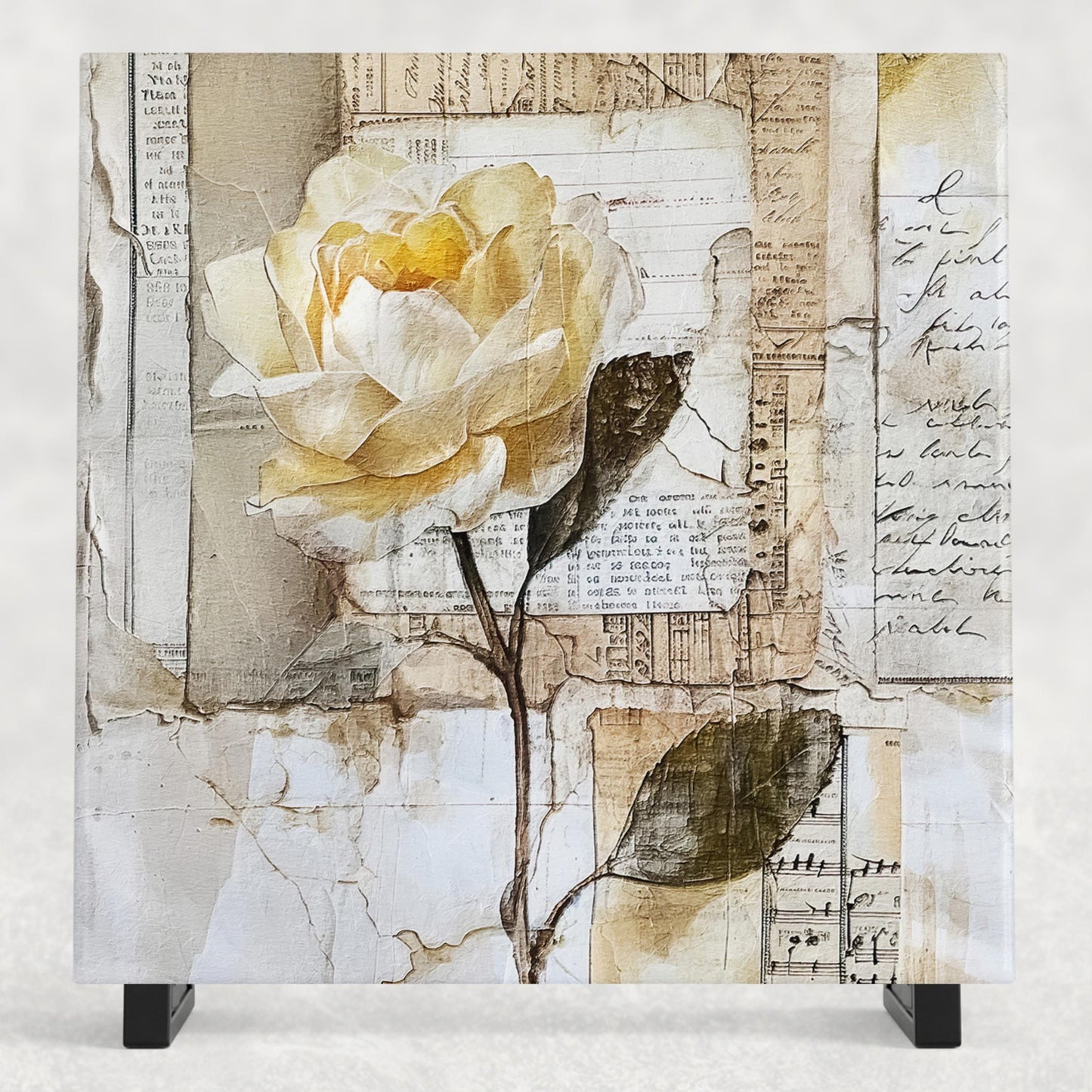 Ceramic Art Tile - Elegant Floral Print in Neutral Tones - Home Decor - Abstract Flower - Mixed Media Print - Thoughtful Gift