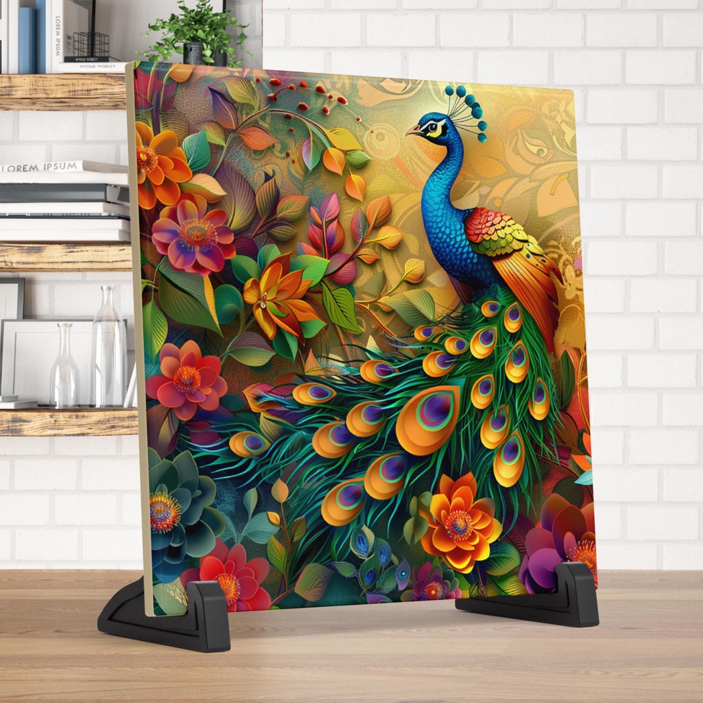 Peacock Ceramic Tile Art, Vibrant Art Nouveau Wall Hanging, Custom Home Decor, Unique Gift for Exotic Bird Lovers