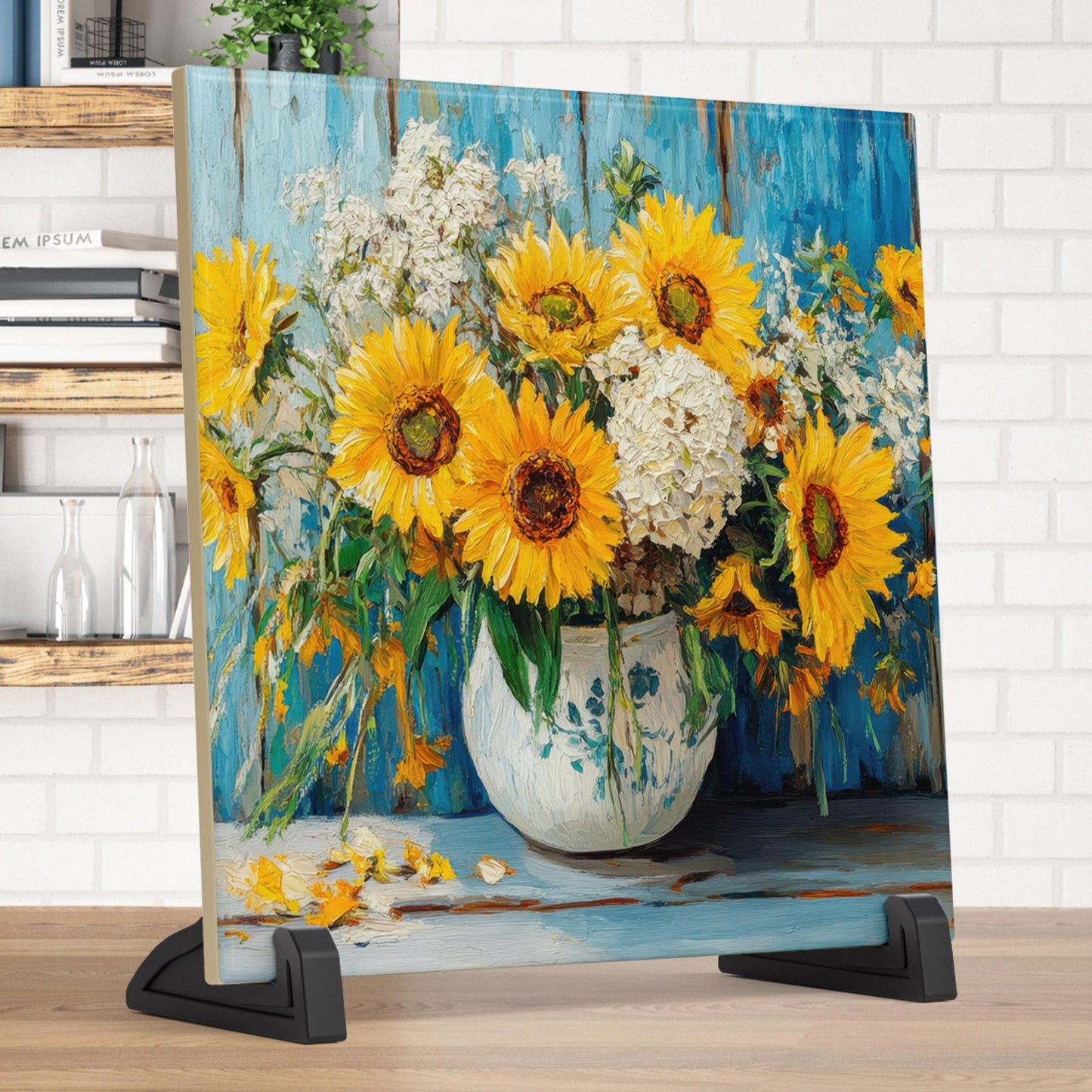 Farmhouse Sunflower Ceramic Tile Art - Rustic Decorative Shelf Decor for Home Accents and Unique Gift Ideas