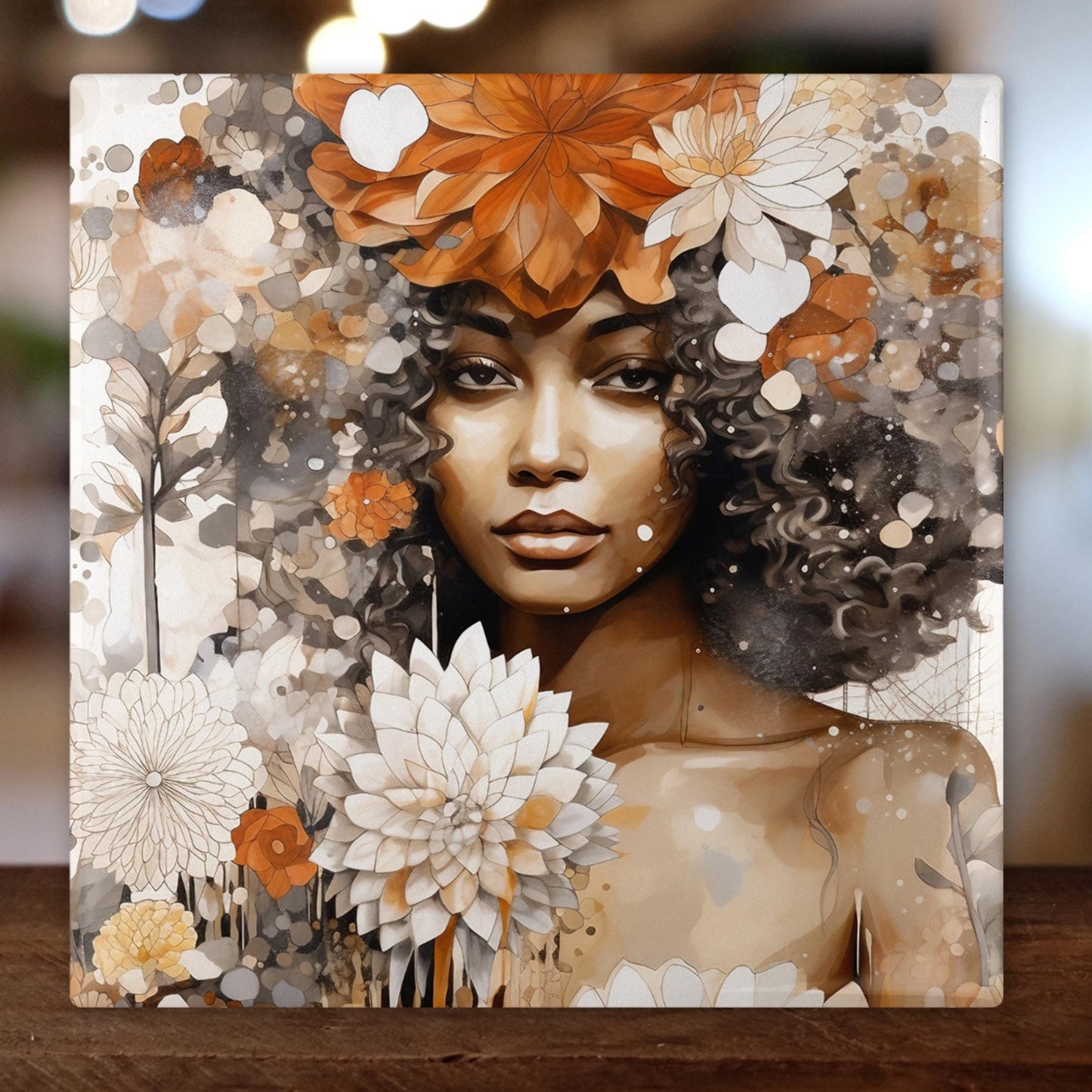 Ceramic Art Tile - Striking Abstract Floral Print of African American Woman - Beautiful Home Decor Accent - Unique Gift for Her