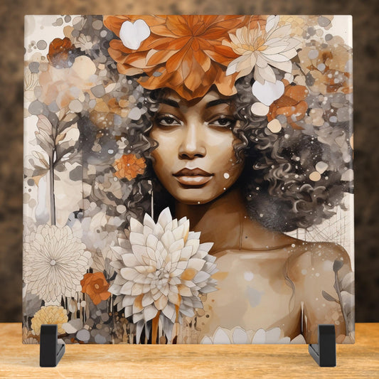 Ceramic Art Tile - Striking Abstract Floral Print of African American Woman - Beautiful Home Decor Accent - Unique Gift for Her