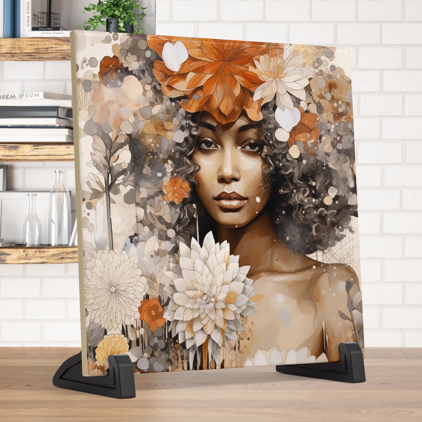 Ceramic Art Tile - Striking Abstract Floral Print of African American Woman - Beautiful Home Decor Accent - Unique Gift for Her