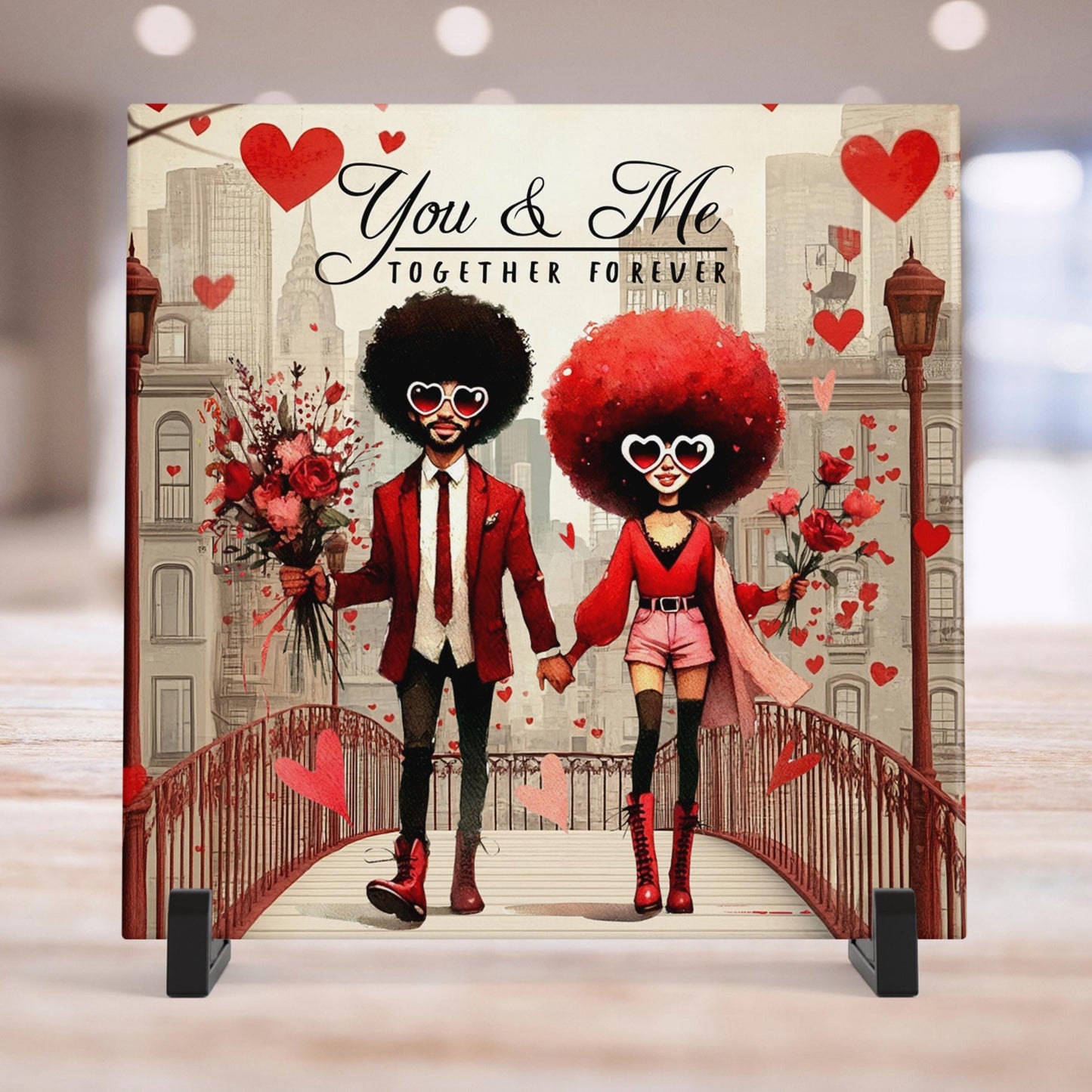 Ceramic Art Tile | Whimsical African American Couple Wall Art | Unique Home Decor Accent | Loving Valentines Day Gift for Her