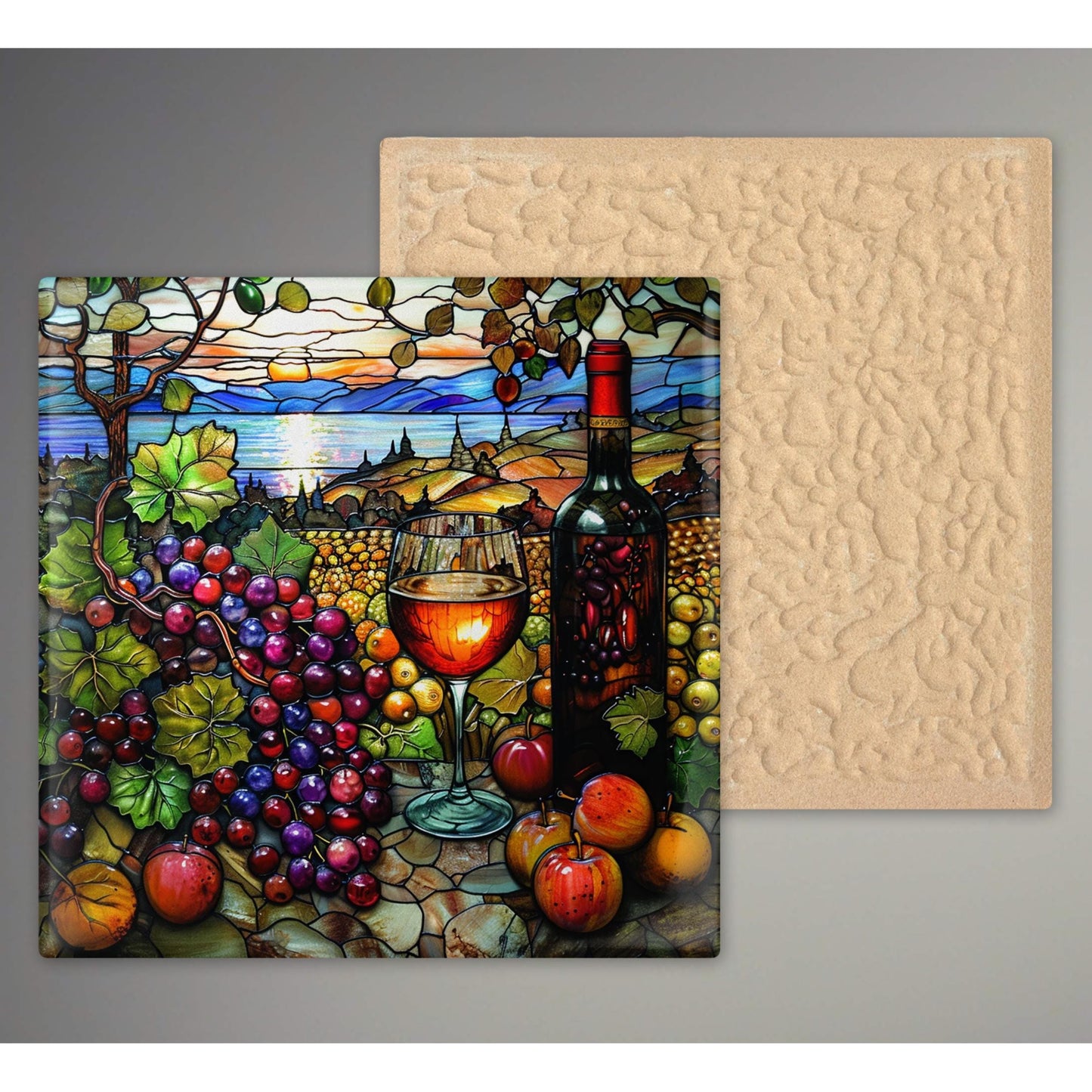 Wine Vineyard - Ceramic Art Tile, Stained Glass Accent for Kitchen Decor, Unique Wall Art Gift for Wine Lovers