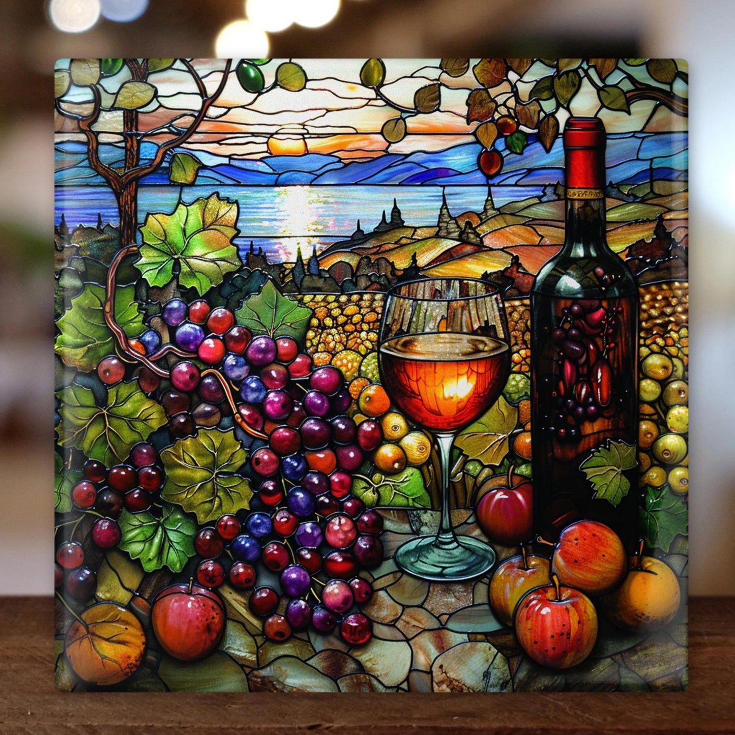 Wine Vineyard - Ceramic Art Tile, Stained Glass Accent for Kitchen Decor, Unique Wall Art Gift for Wine Lovers