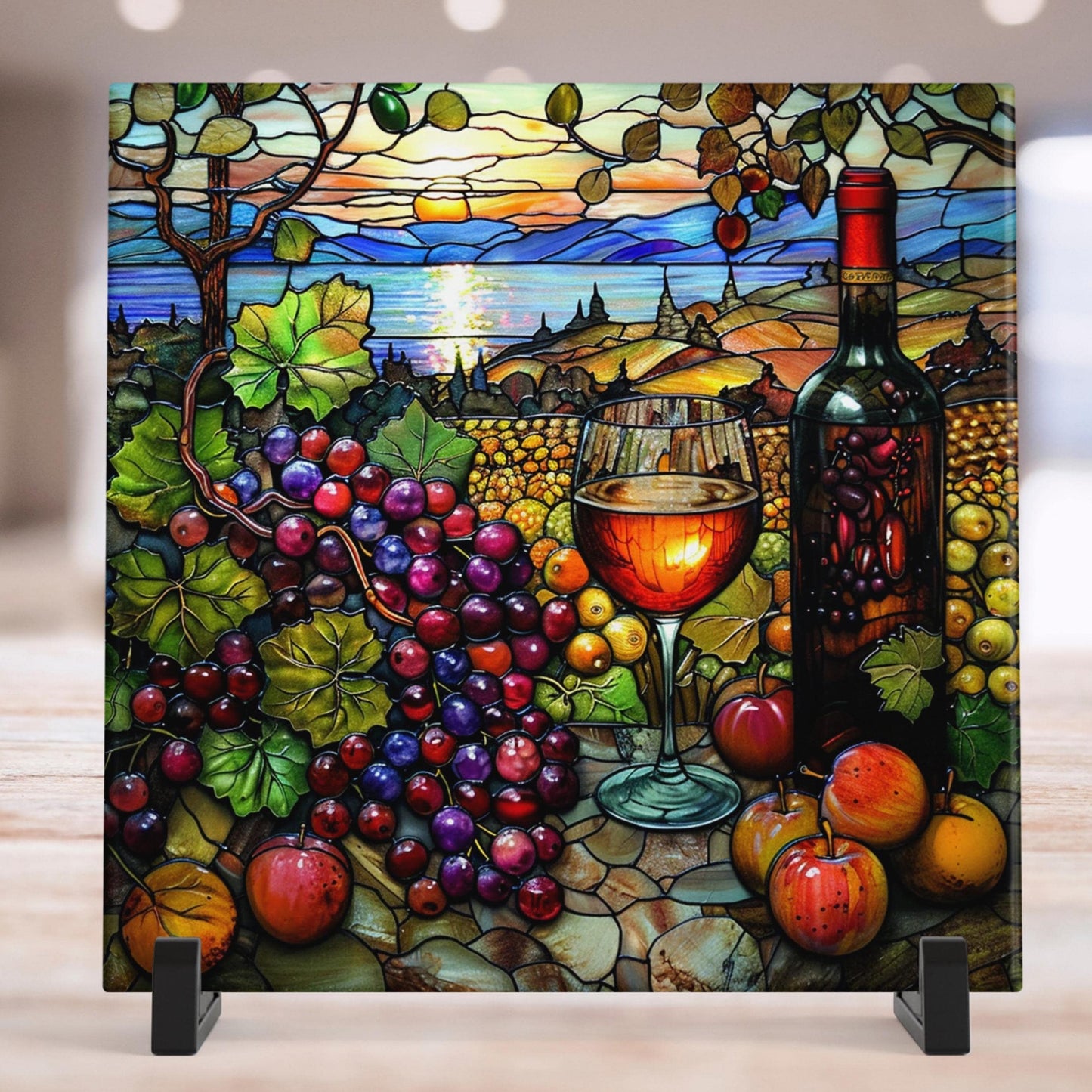 Wine Vineyard - Ceramic Art Tile, Stained Glass Accent for Kitchen Decor, Unique Wall Art Gift for Wine Lovers