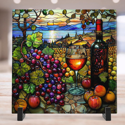 Wine Vineyard - Ceramic Art Tile, Stained Glass Accent for Kitchen Decor, Unique Wall Art Gift for Wine Lovers