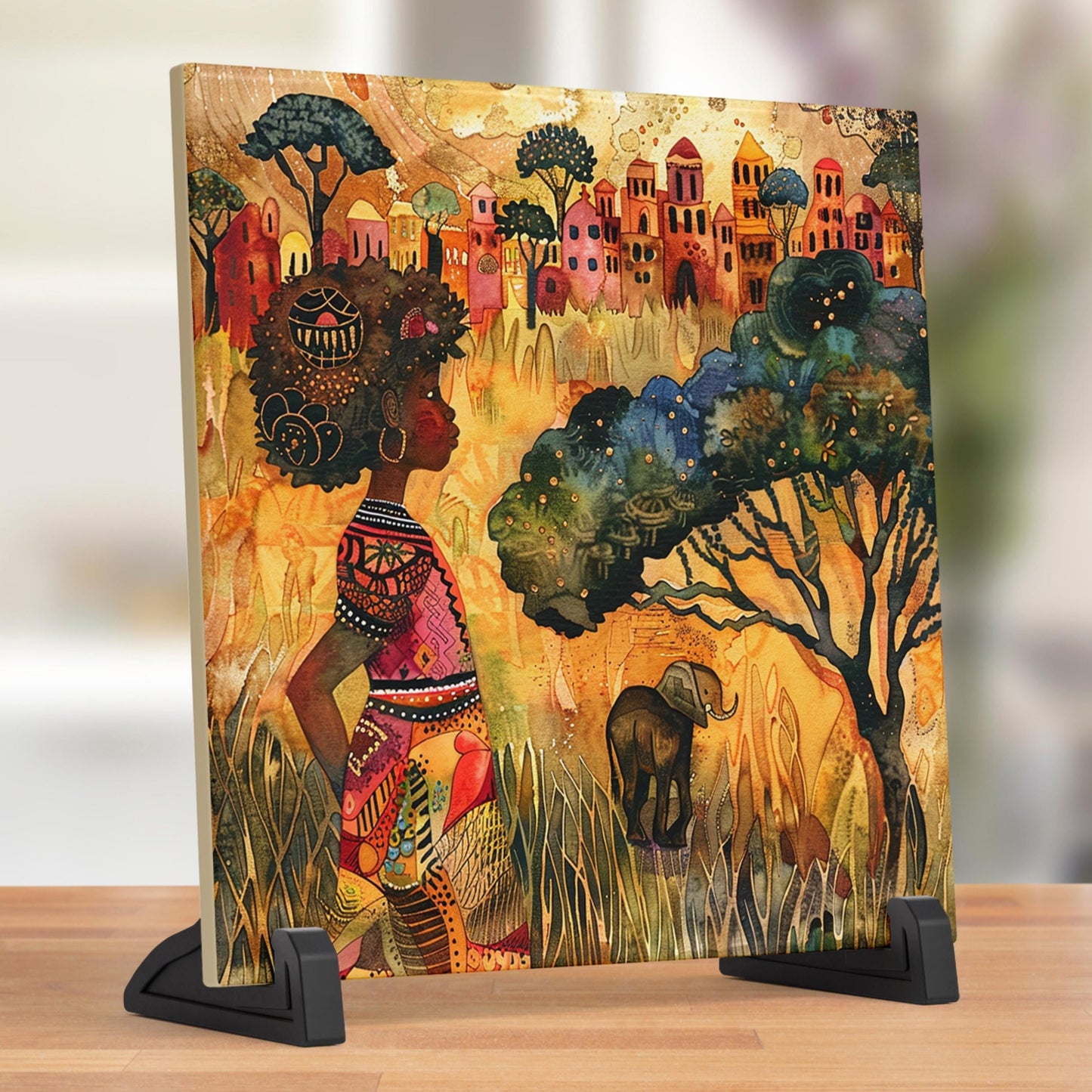 African Print Ceramic Art Tile - Stunning Minimalist African Print  - Decorative Wall Hanging - Black Art - Home Decor