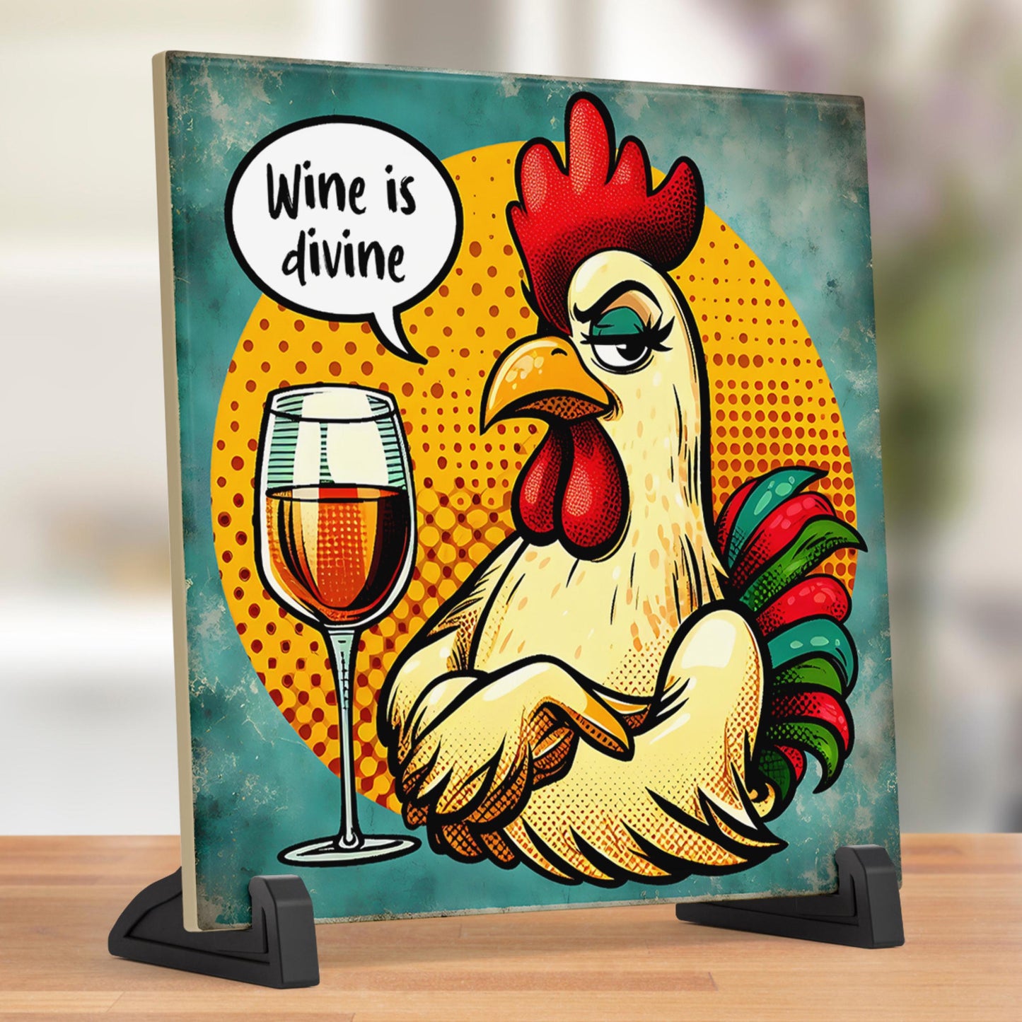 Funny Kitchen Art - Comical Chicken Wine Lover's Ceramic Tile - Great Housewarming Gift Idea - Home Decor