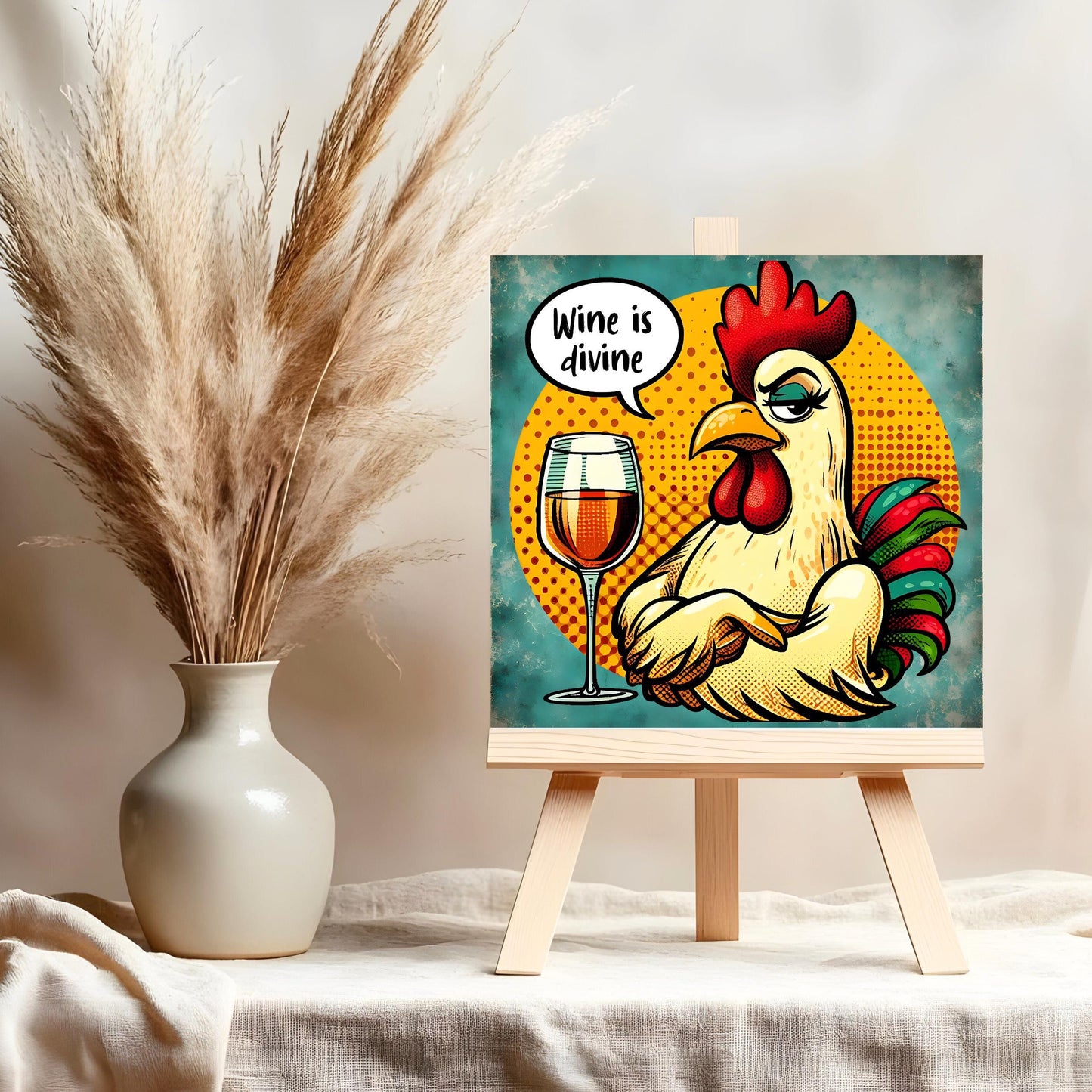 Funny Kitchen Art - Comical Chicken Wine Lover's Ceramic Tile - Great Housewarming Gift Idea - Home Decor