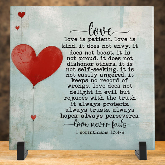 Christian Art - Ceramic Tile Wall Hanging - "Love Is" Inspirational Decor - Perfect Housewarming Gift - Kitchen Art